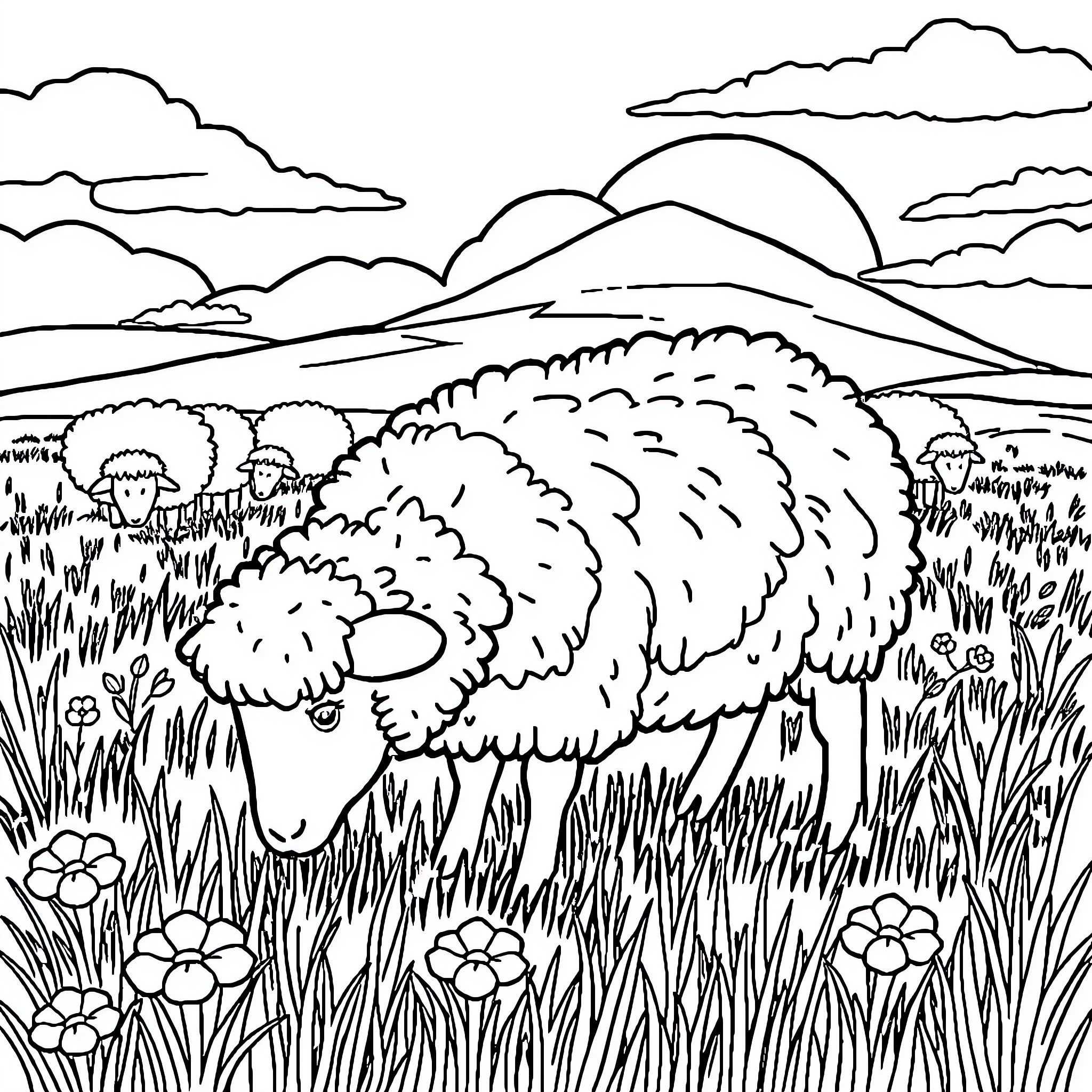 Sheep resting peacefully in the countryside Coloring Page (free black-and-white line drawing printable PDF for all, from beginners to advanced learners, including children, teens, adults, and seniors)
