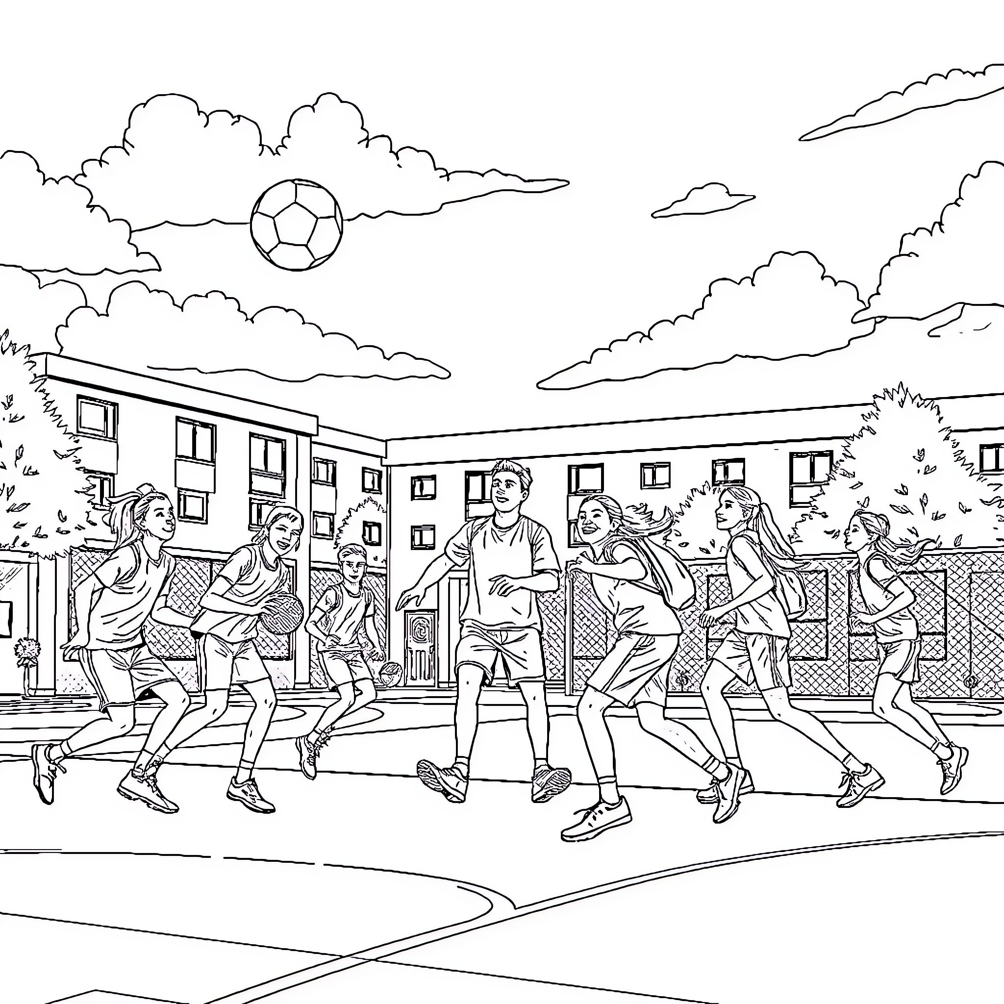 Adolescentes playing soccer on a school playground Coloring Page (free black-and-white line drawing printable PDF for all, from beginners to advanced learners, including children, teens, adults, and seniors)