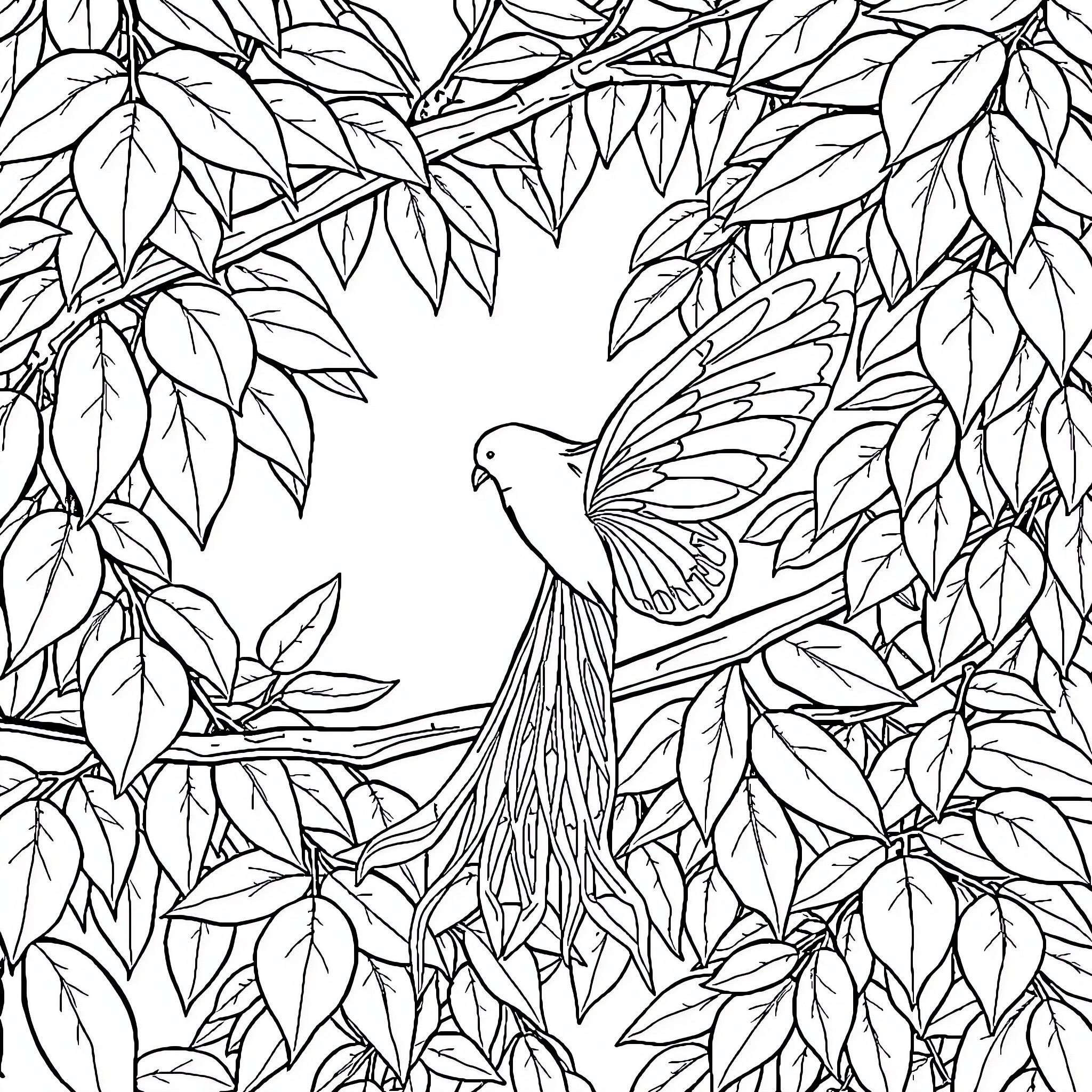 Fairy bird in lush foliage Coloring Page (free black-and-white line drawing printable PDF for all, from beginners to advanced learners, including children, teens, adults, and seniors)
