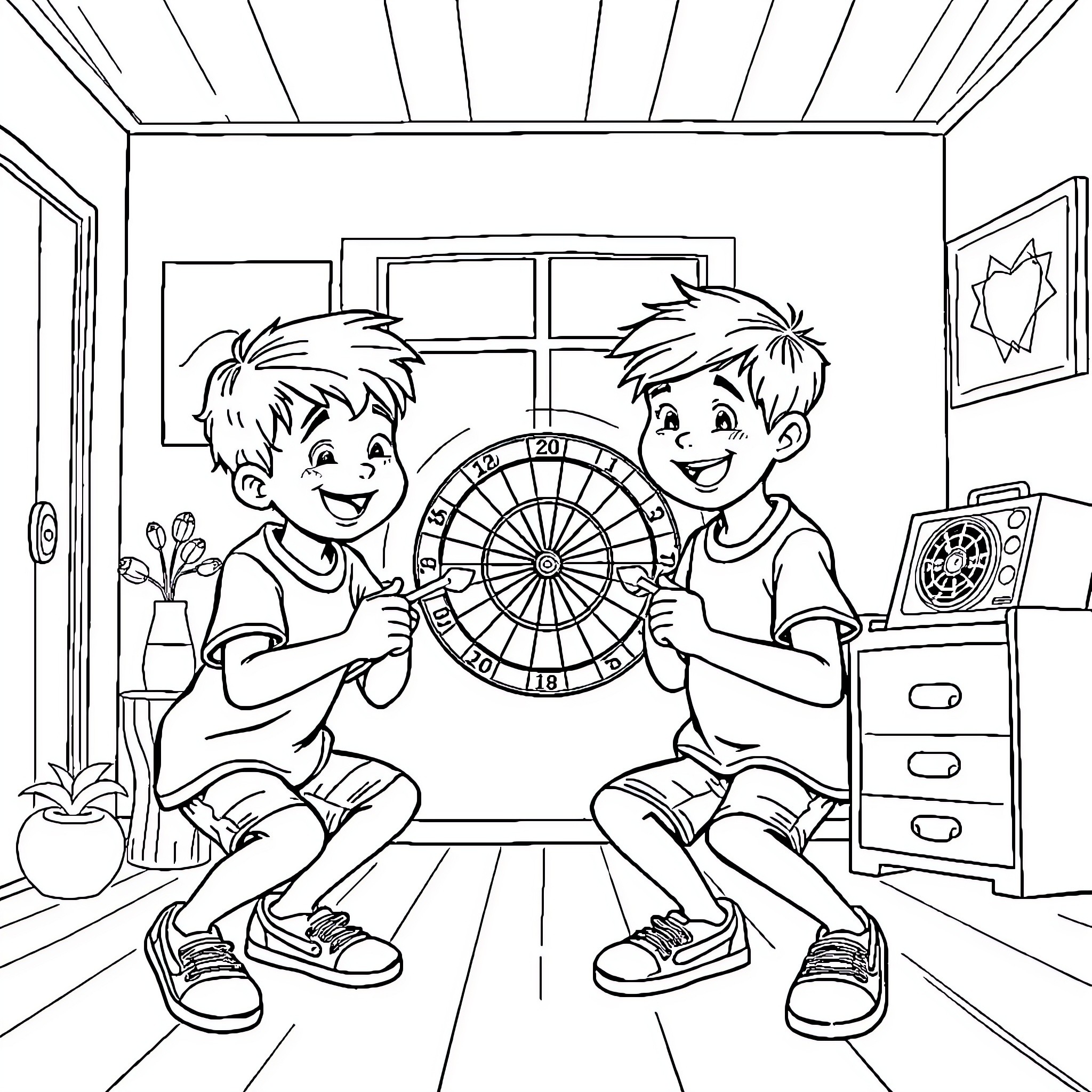 Boy Friends Playing with Dartboard in Room Coloring Page (free black-and-white line drawing printable PDF for all, from beginners to advanced learners, including children, teens, adults, and seniors)