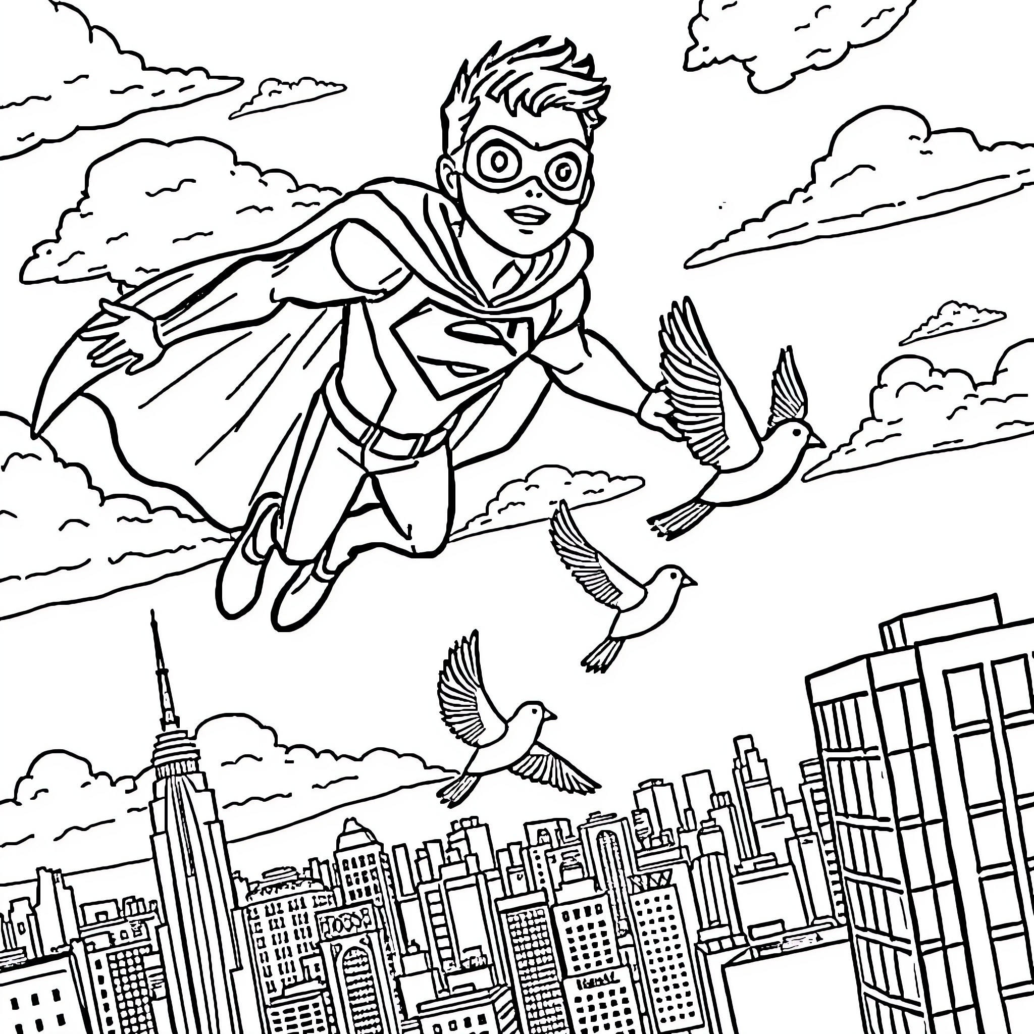 Tymoo's Aerial Adventure over the City Coloring Page (free black-and-white line drawing printable PDF for all, from beginners to advanced learners, including children, teens, adults, and seniors)