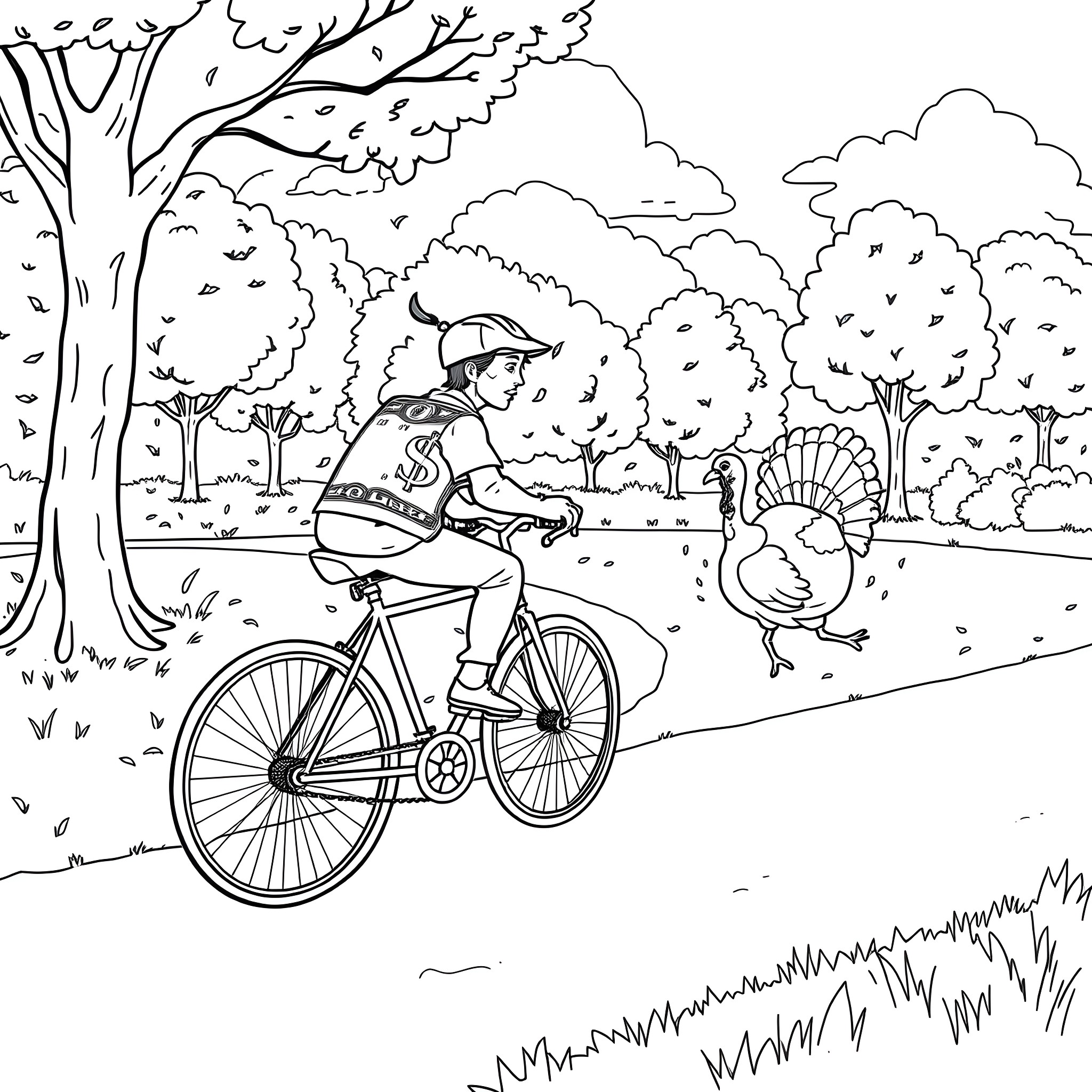Money Chasing a Turkey on a Bicycle Through the Park Coloring Page (free black-and-white line drawing printable PDF for all, from beginners to advanced learners, including children, teens, adults, and seniors)