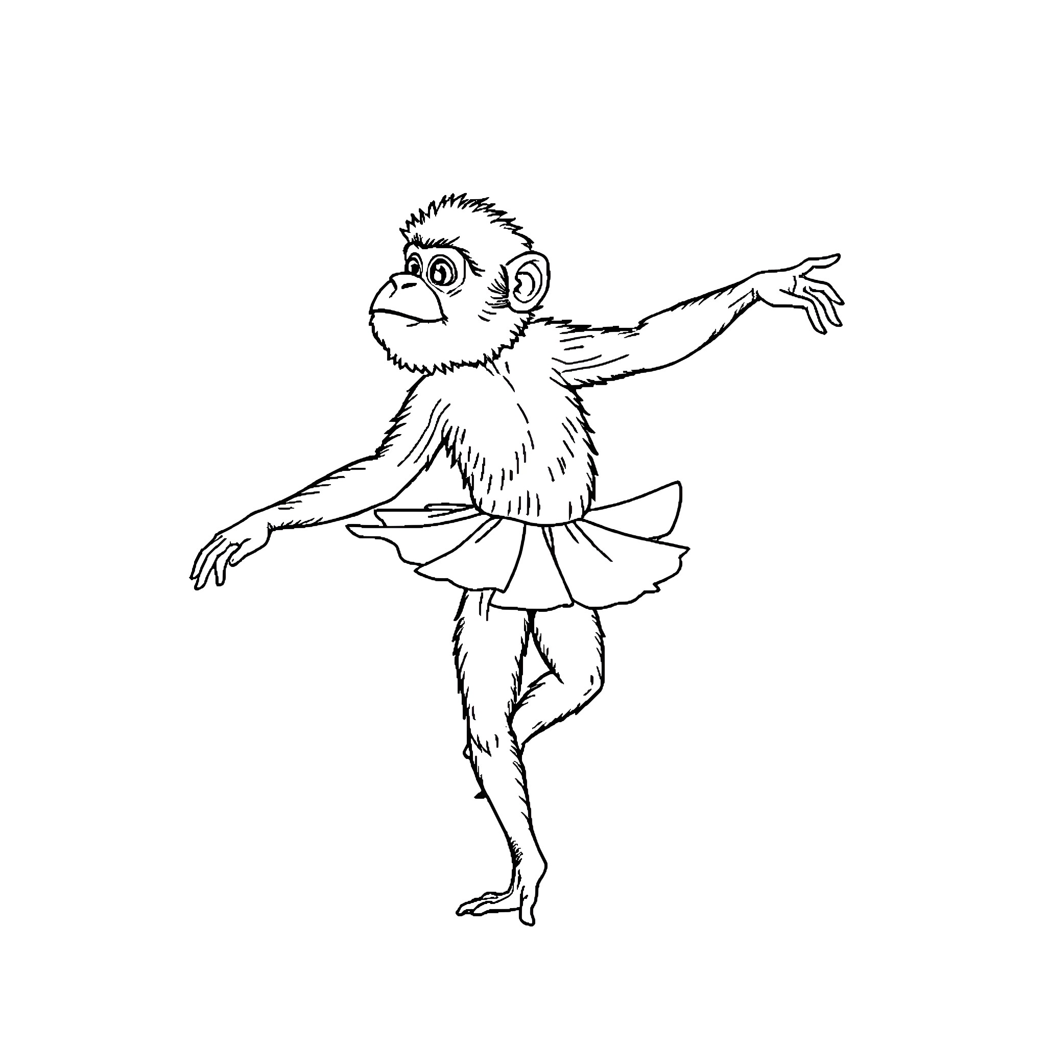 Ballerina Monkey Dancing Gracefully Coloring Page (free black-and-white line drawing printable PDF for all, from beginners to advanced learners, including children, teens, adults, and seniors)