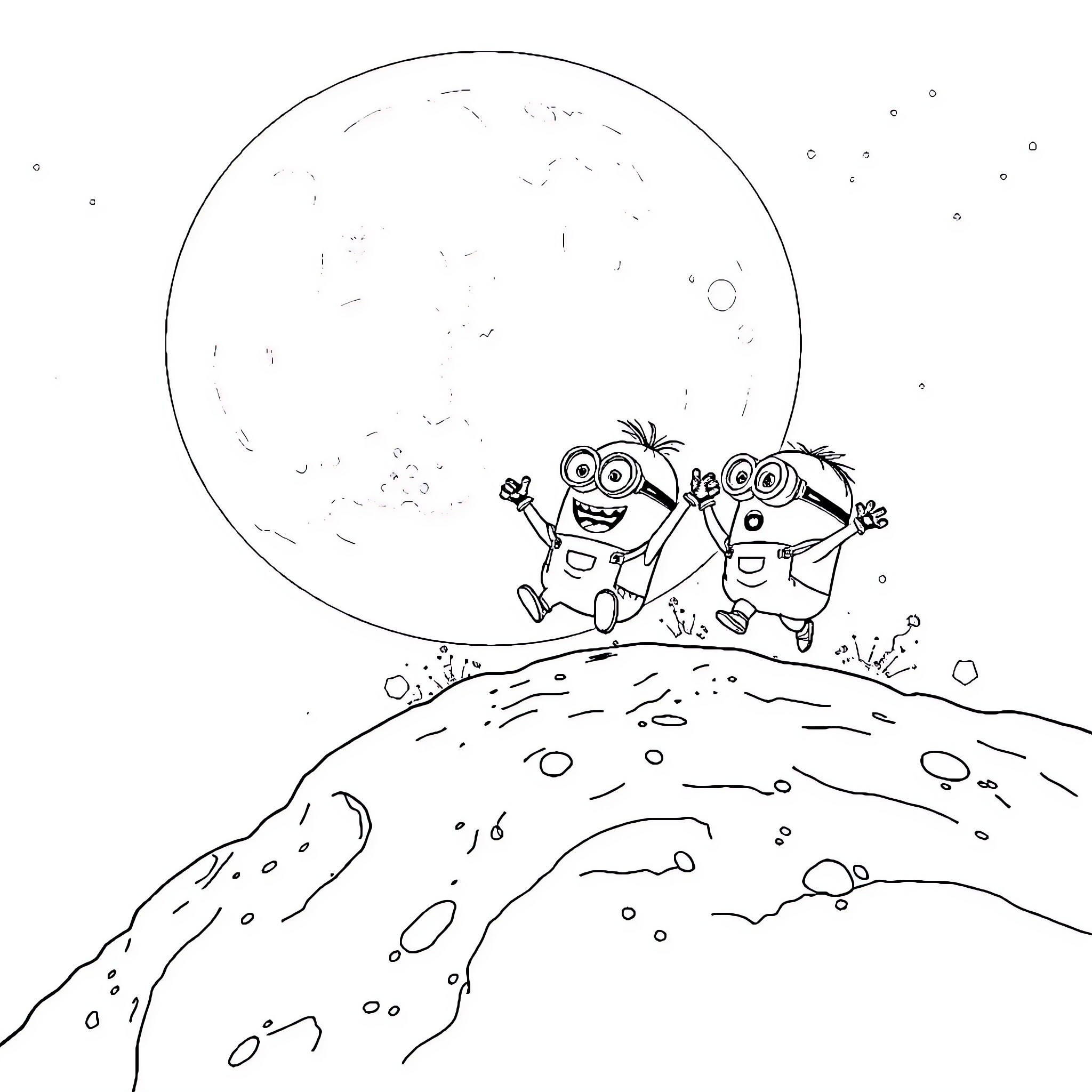 Minions enjoying a starry night on the hill Coloring Page (free black-and-white line drawing printable PDF for all, from beginners to advanced learners, including children, teens, adults, and seniors)