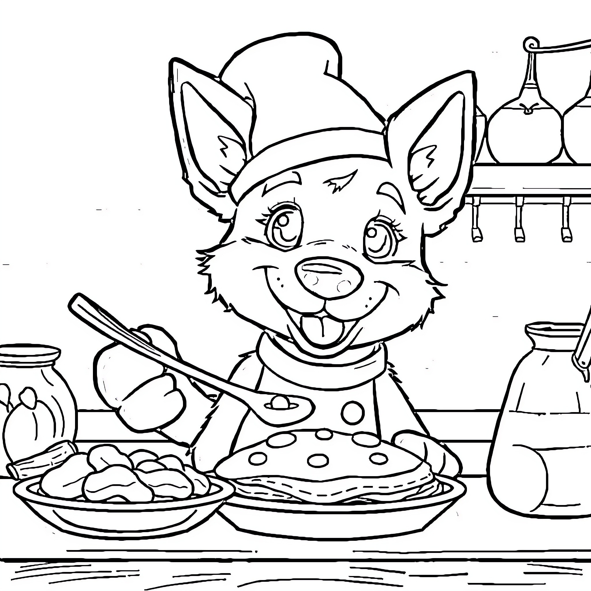 Bluey cooking a meal in the kitchen Coloring Page (free black-and-white line drawing printable PDF for all, from beginners to advanced learners, including children, teens, adults, and seniors)