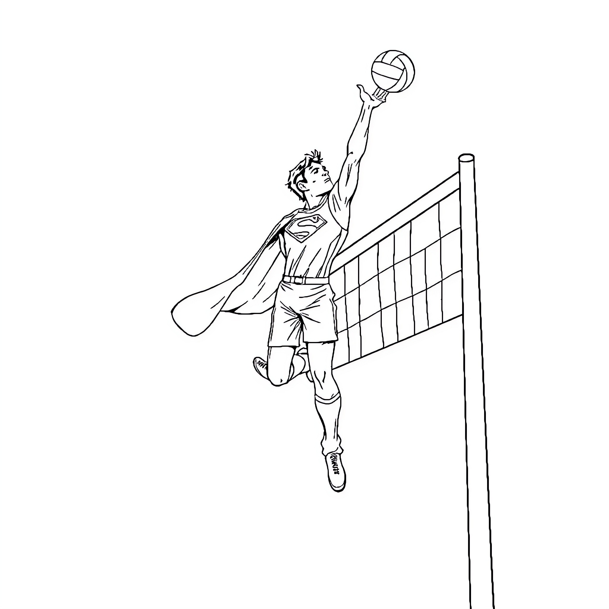 Superman Playing Volleyball in the Sky Coloring Page (free black-and-white line drawing printable PDF for all, from beginners to advanced learners, including children, teens, adults, and seniors)