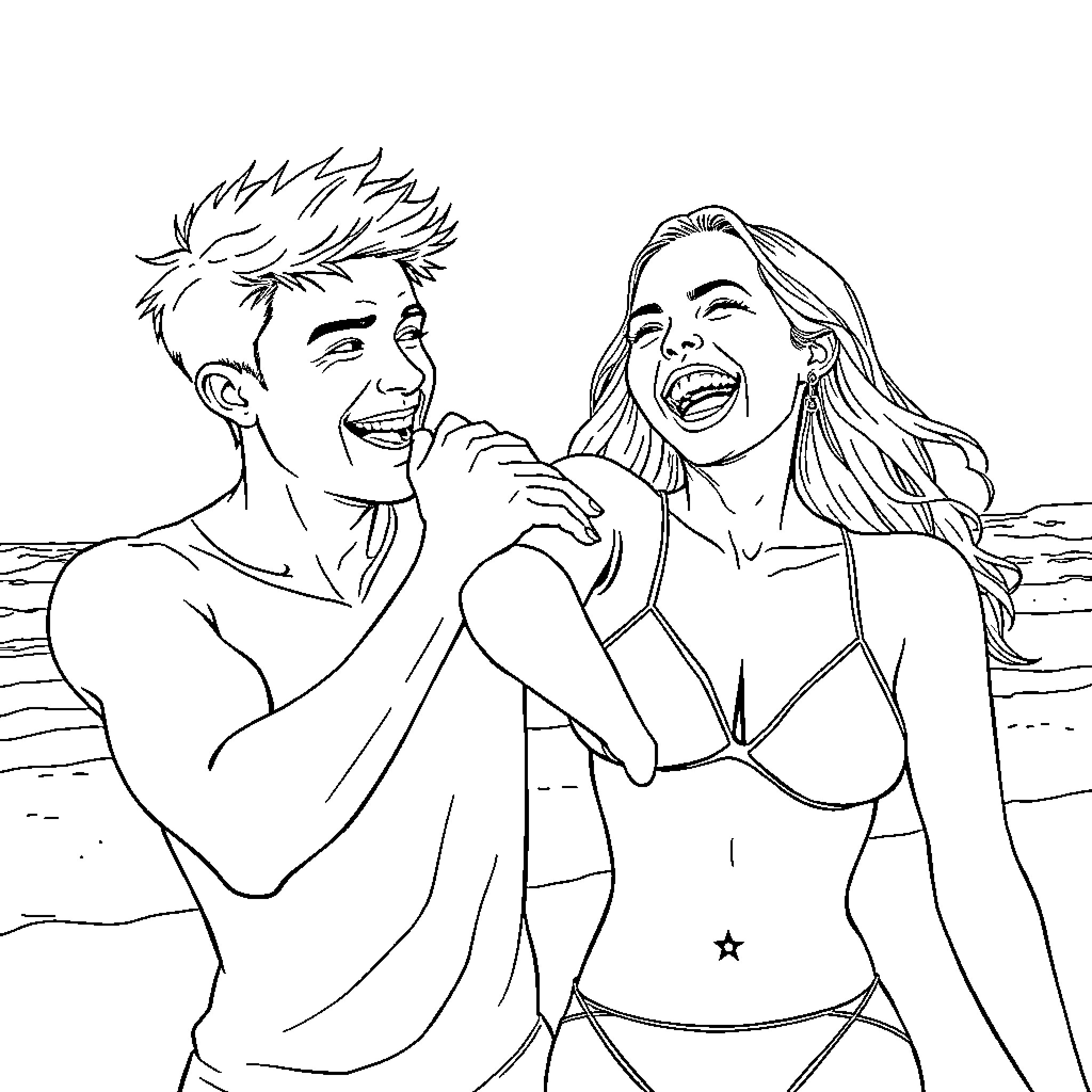 Man and Woman Laughing Together on Beach Coloring Page (free black-and-white line drawing printable PDF for all, from beginners to advanced learners, including children, teens, adults, and seniors)