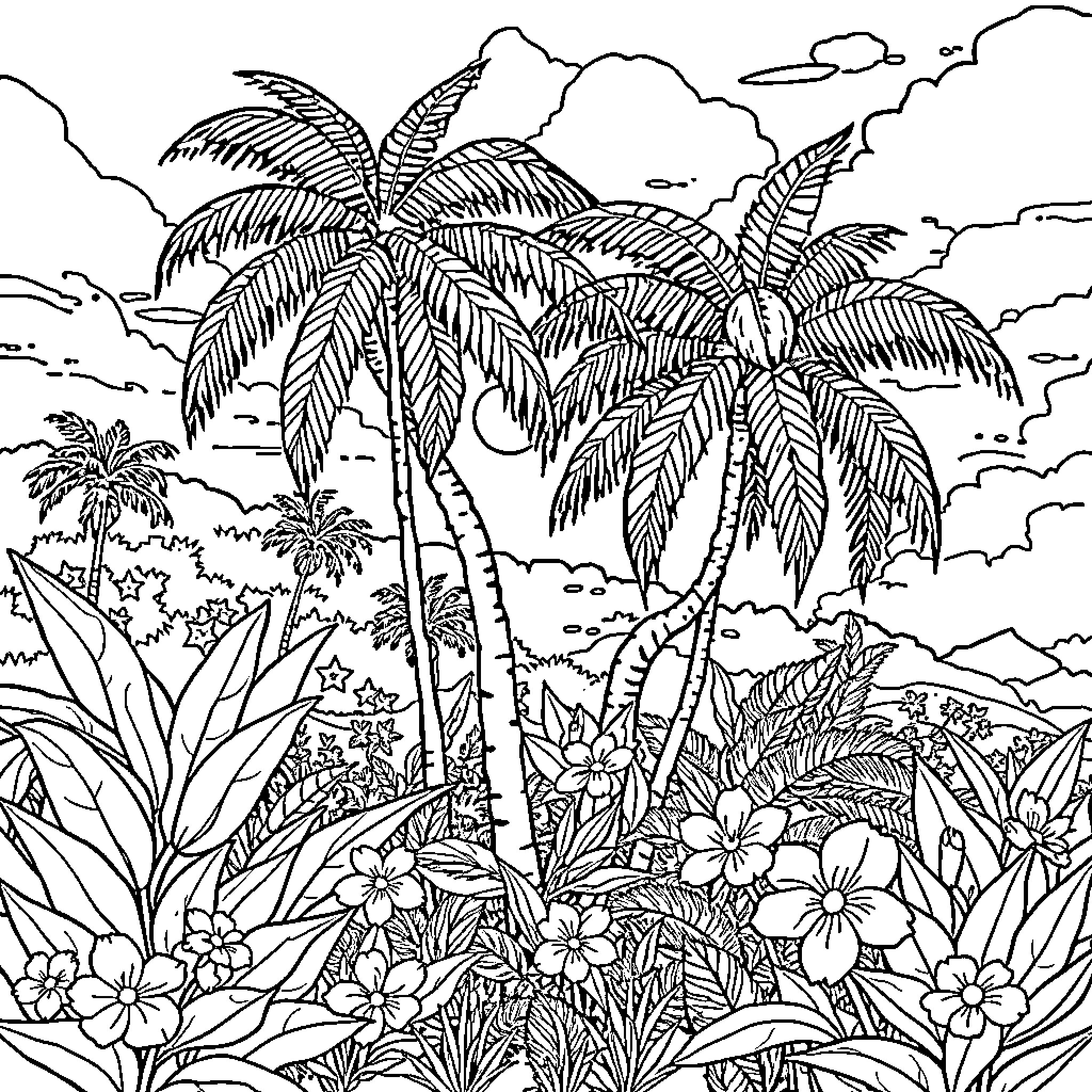 Brazilian Biomes - Tropical Rainforest Landscape Coloring Page (free black-and-white line drawing printable PDF for all, from beginners to advanced learners, including children, teens, adults, and seniors)