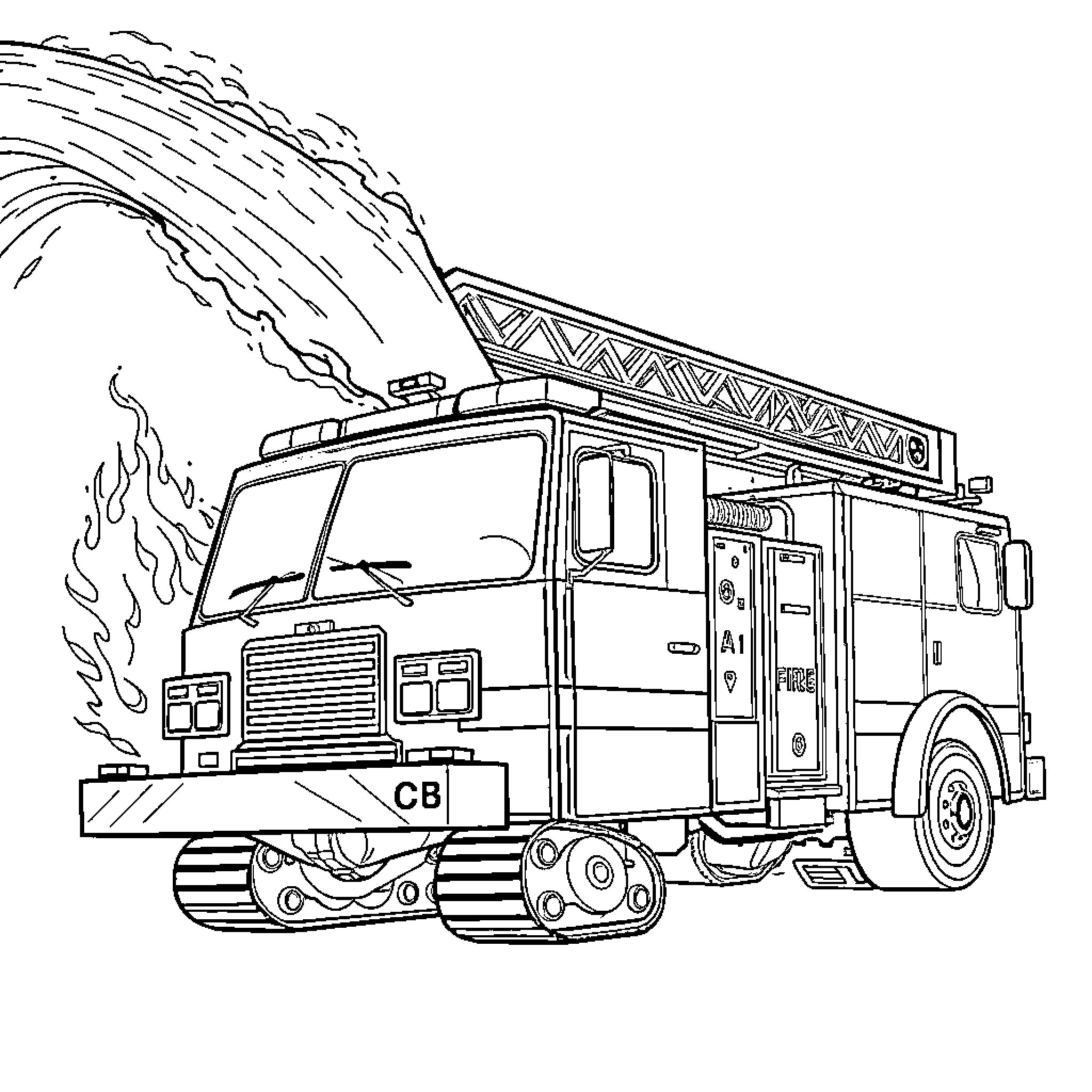 Firetruck with emergency lights rushing to a scene Coloring Page (free black-and-white line drawing printable PDF for all, from beginners to advanced learners, including children, teens, adults, and seniors)