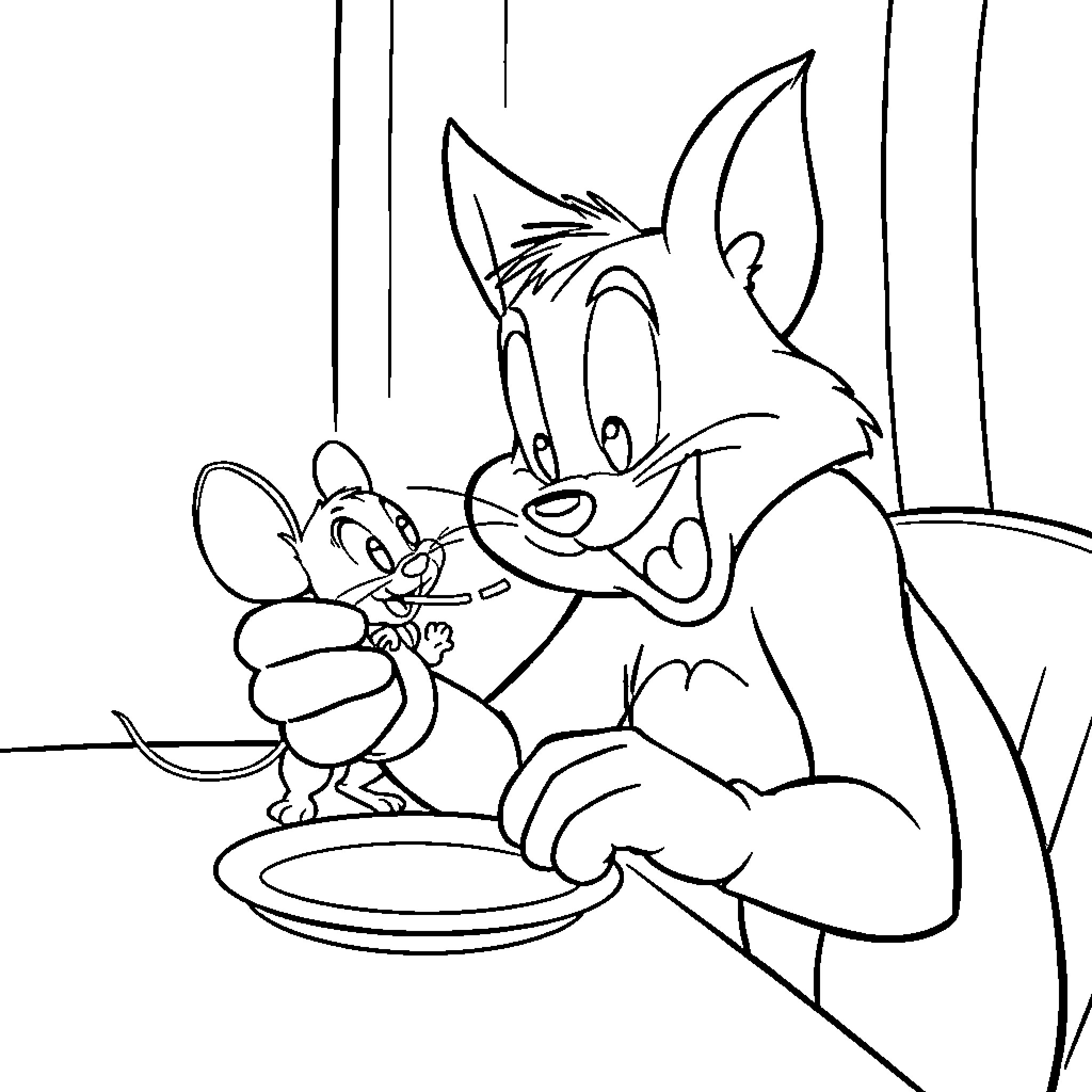Tom and Jerry Sharing a Meal Coloring Page (free black-and-white line drawing printable PDF for all, from beginners to advanced learners, including children, teens, adults, and seniors)