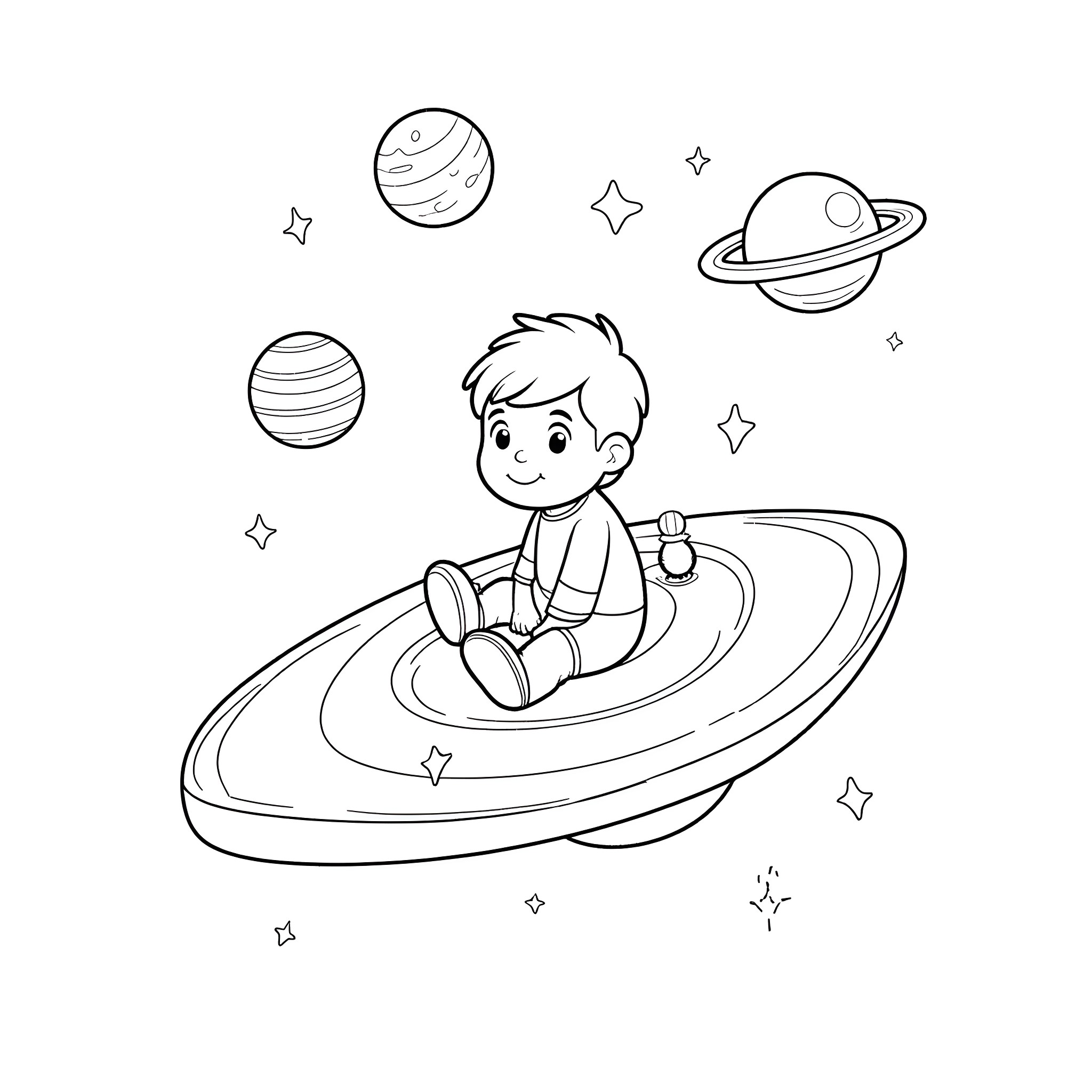 Boy riding spaceship through cosmic scene Coloring Page (free black-and-white line drawing printable PDF for all, from beginners to advanced learners, including children, teens, adults, and seniors)
