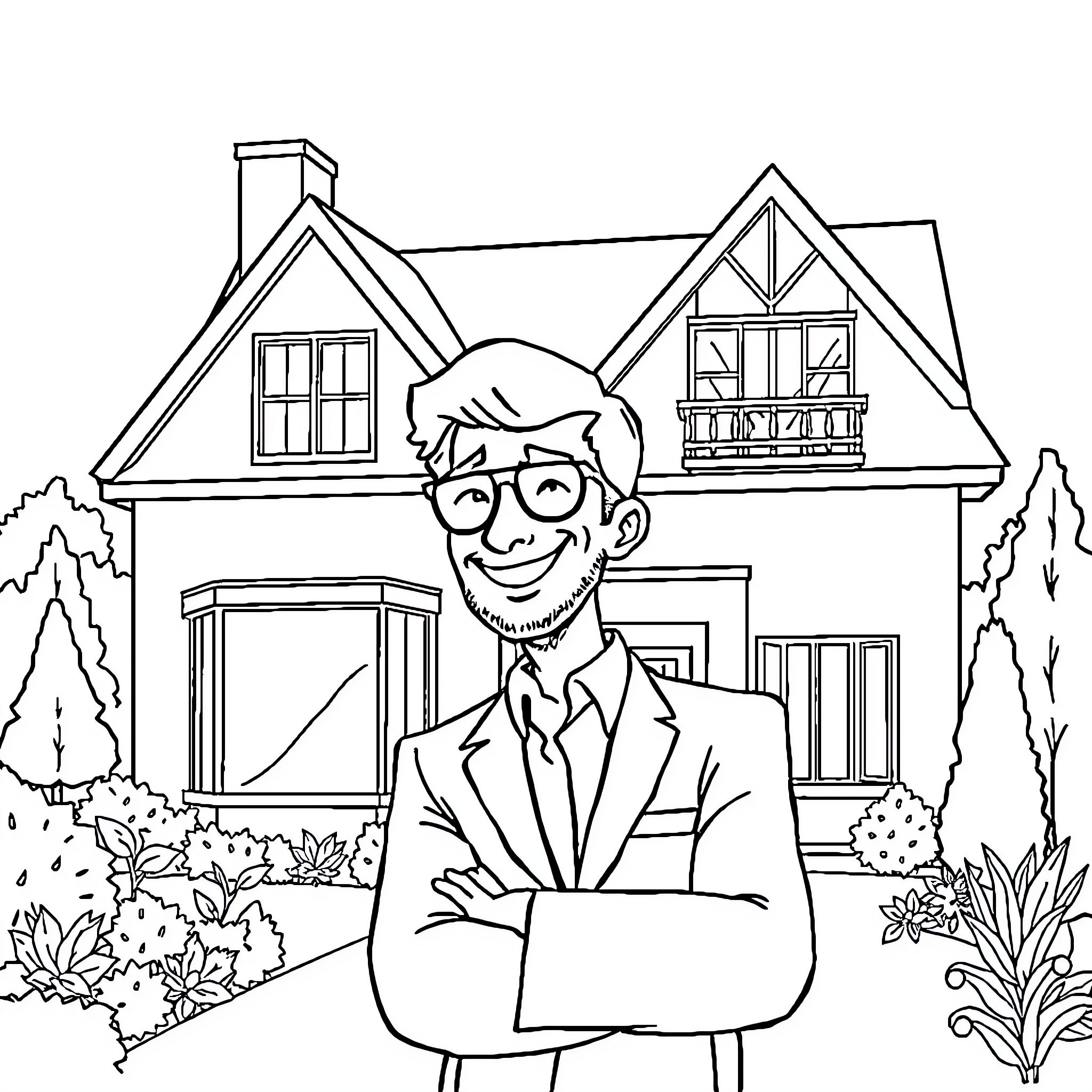 Real Estate Agent Standing Confidently in Front of House Coloring Page (free black-and-white line drawing printable PDF for all, from beginners to advanced learners, including children, teens, adults, and seniors)