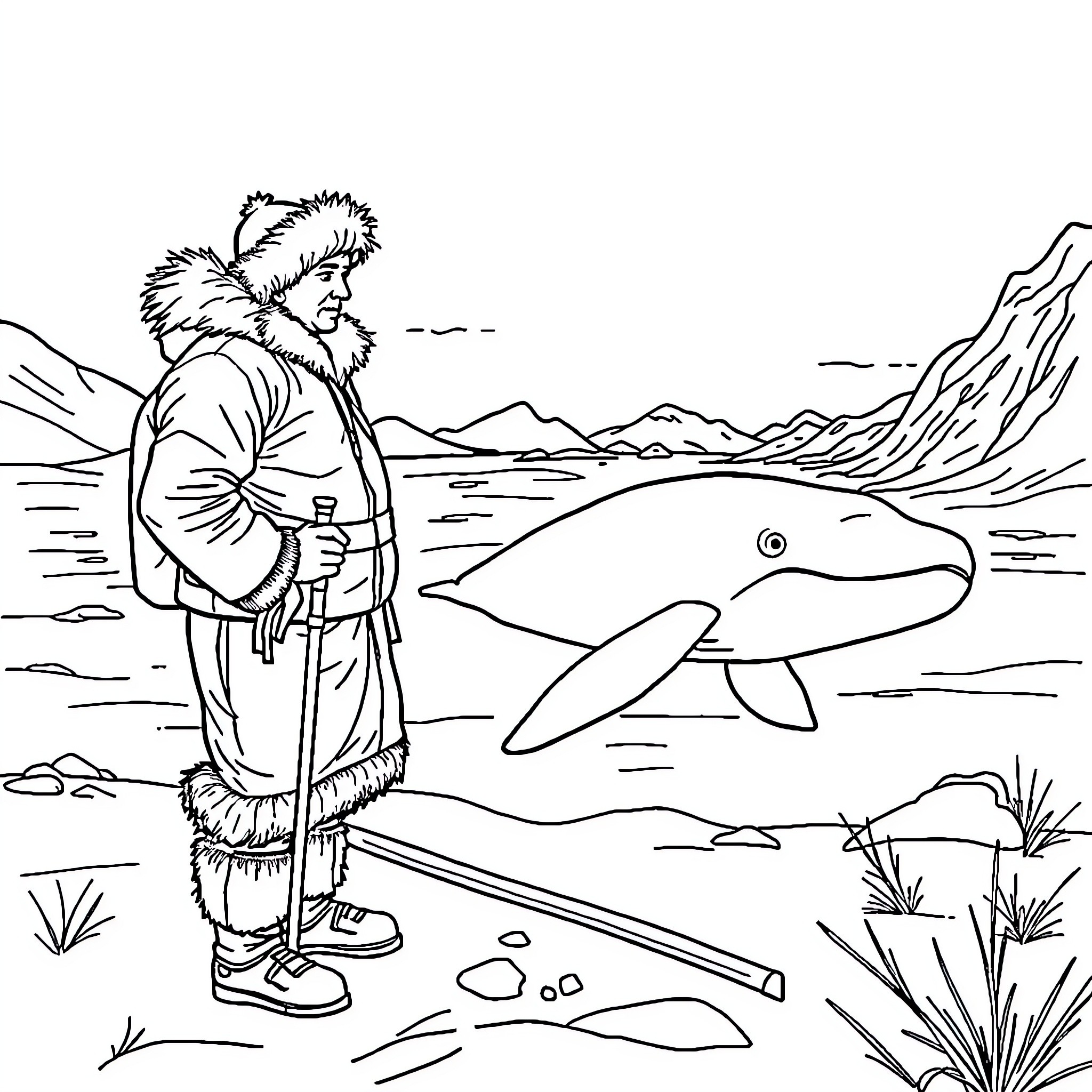 Inuk observing majestic marine life in Arctic landscape Coloring Page (free black-and-white line drawing printable PDF for all, from beginners to advanced learners, including children, teens, adults, and seniors)