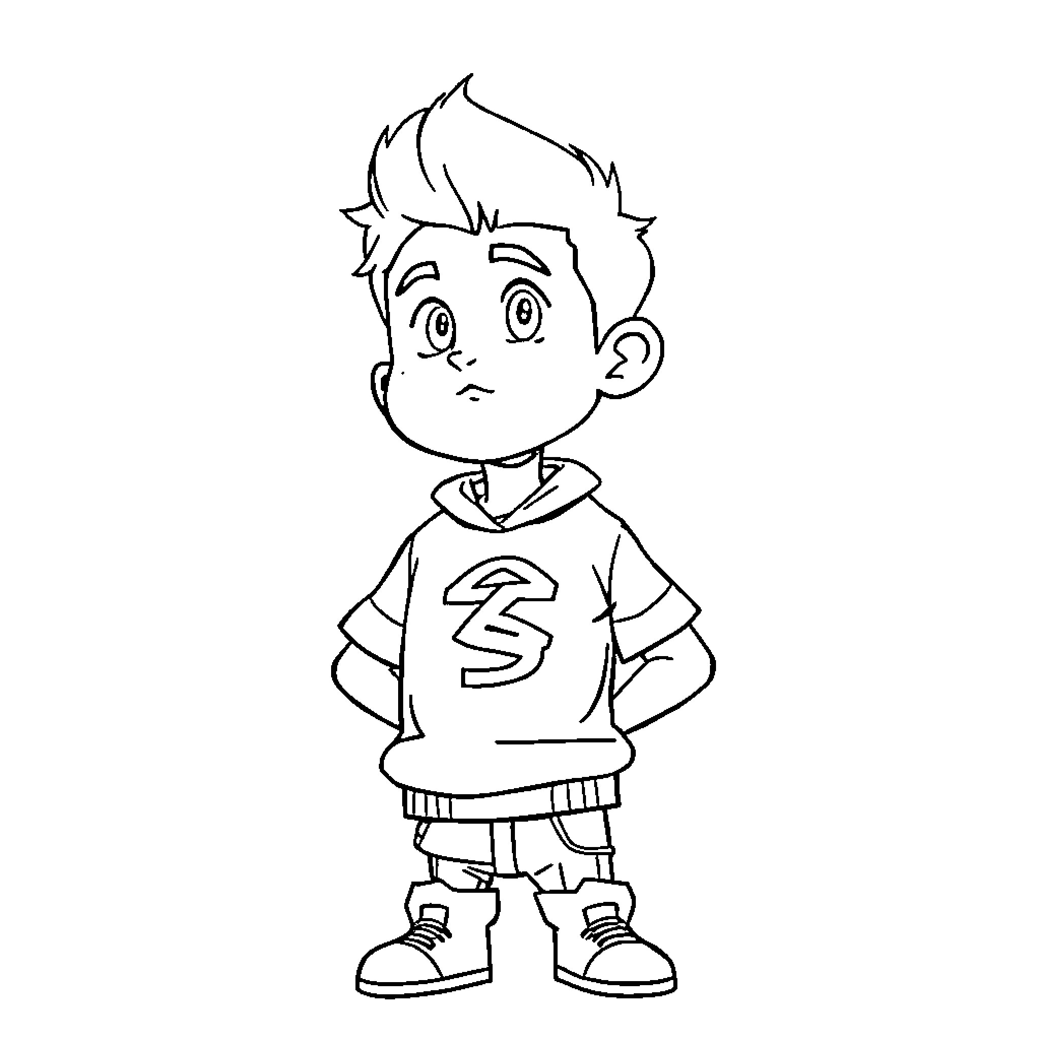 Sigma Boy with Curious Expression Coloring Page (free black-and-white line drawing printable PDF for all, from beginners to advanced learners, including children, teens, adults, and seniors)