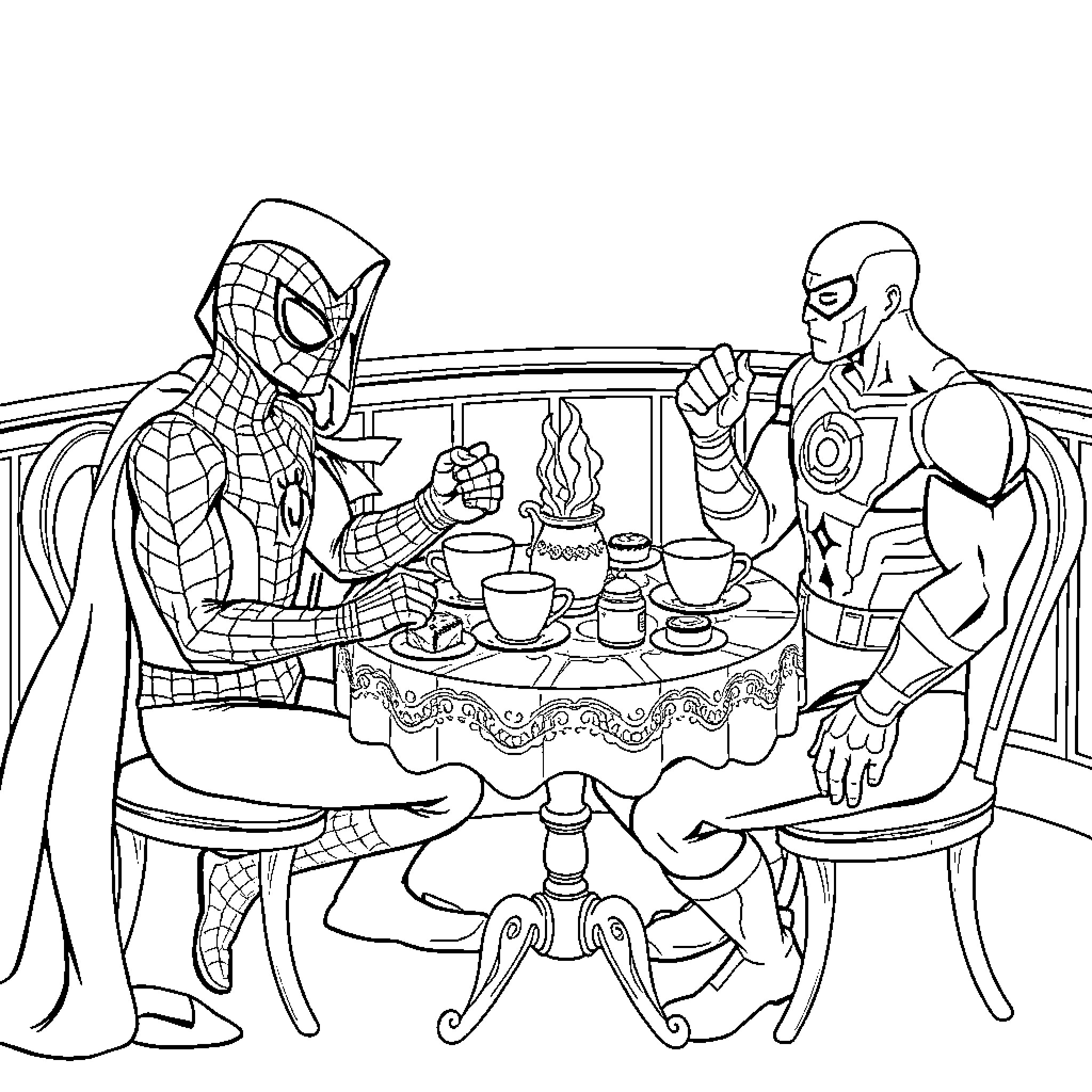 Spider-Man enjoying tea time with Iron Man Coloring Page (free black-and-white line drawing printable PDF for all, from beginners to advanced learners, including children, teens, adults, and seniors)