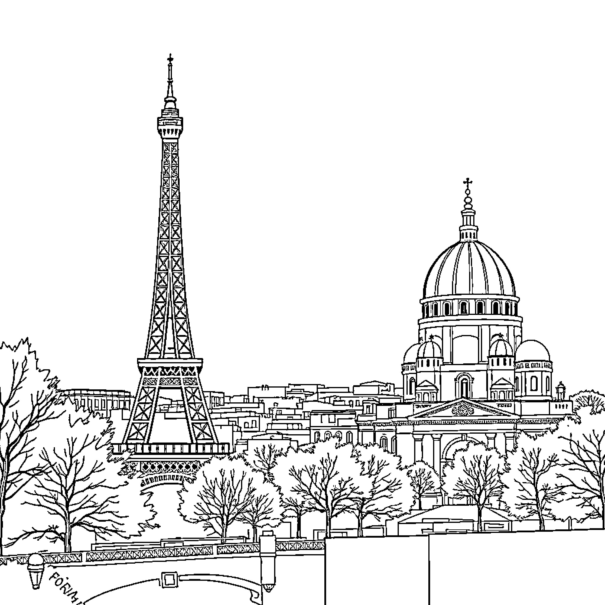 Eiffel Tower and iconic Parisian landmarks Coloring Page (free black-and-white line drawing printable PDF for all, from beginners to advanced learners, including children, teens, adults, and seniors)
