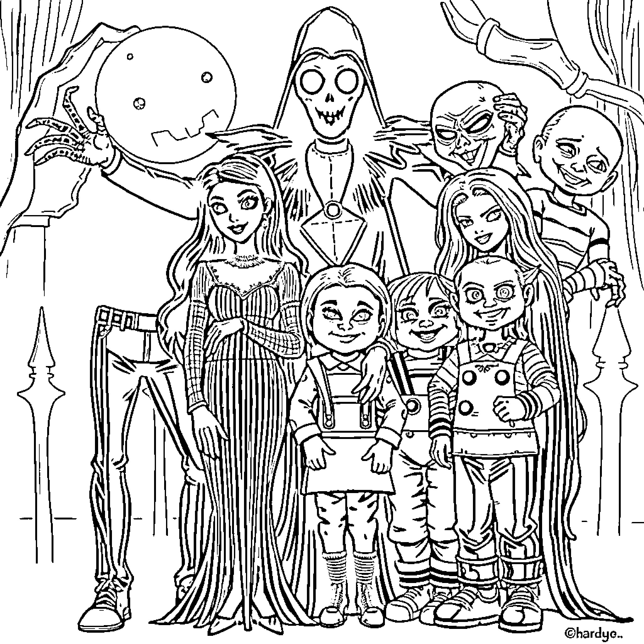Morticia's Macabre Family Gathering Coloring Page (free black-and-white line drawing printable PDF for all, from beginners to advanced learners, including children, teens, adults, and seniors)