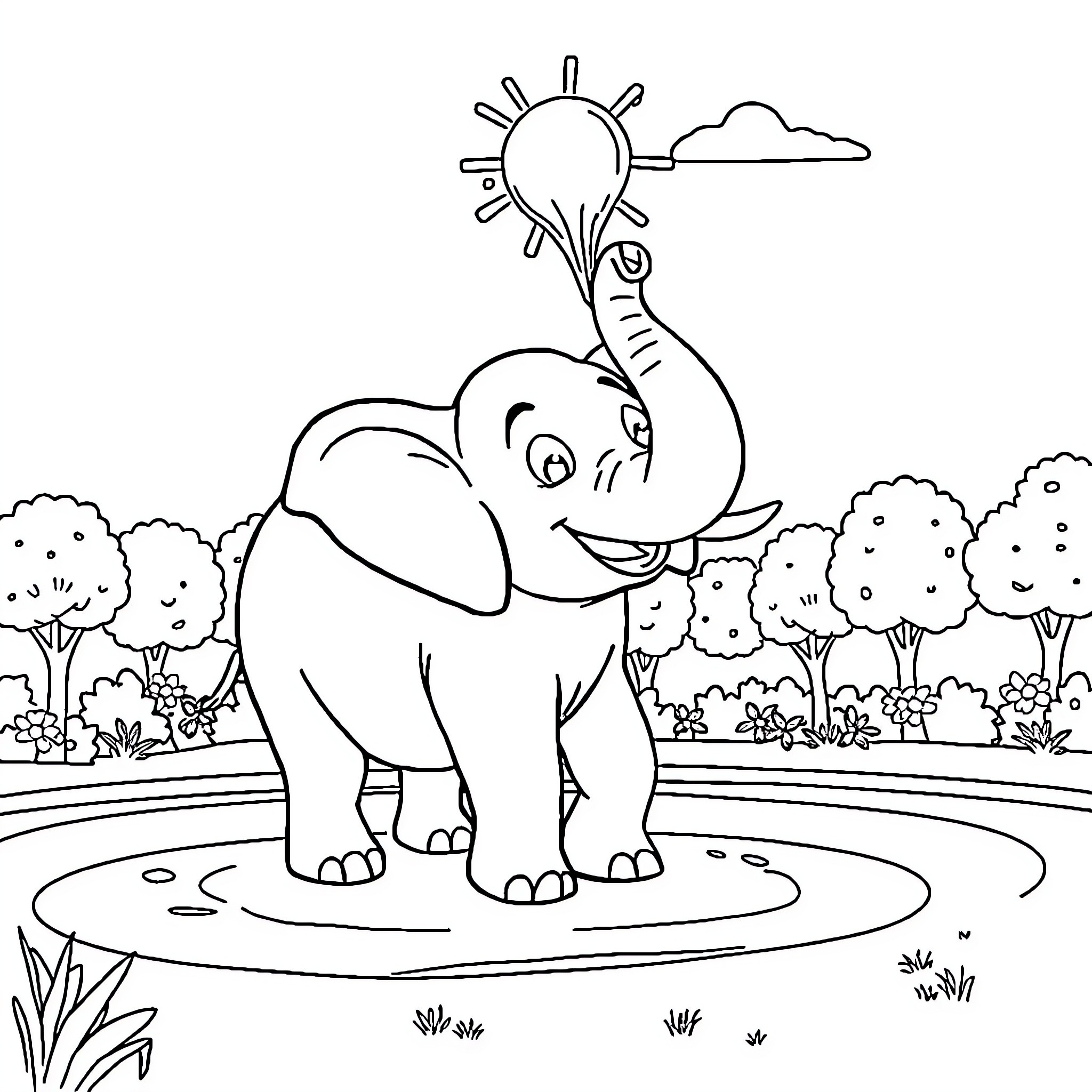 Elephant enjoying a sunny day in the park Coloring Page (free black-and-white line drawing printable PDF for all, from beginners to advanced learners, including children, teens, adults, and seniors)