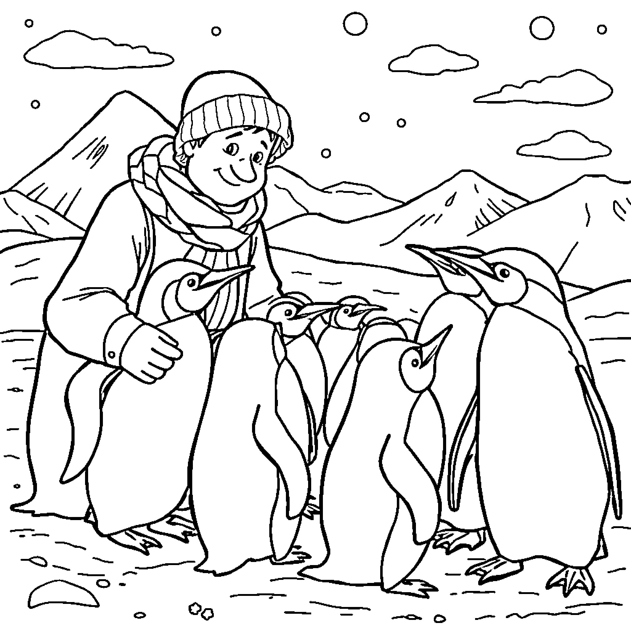 Penguin family enjoying the winter landscape Coloring Page (free black-and-white line drawing printable PDF for all, from beginners to advanced learners, including children, teens, adults, and seniors)