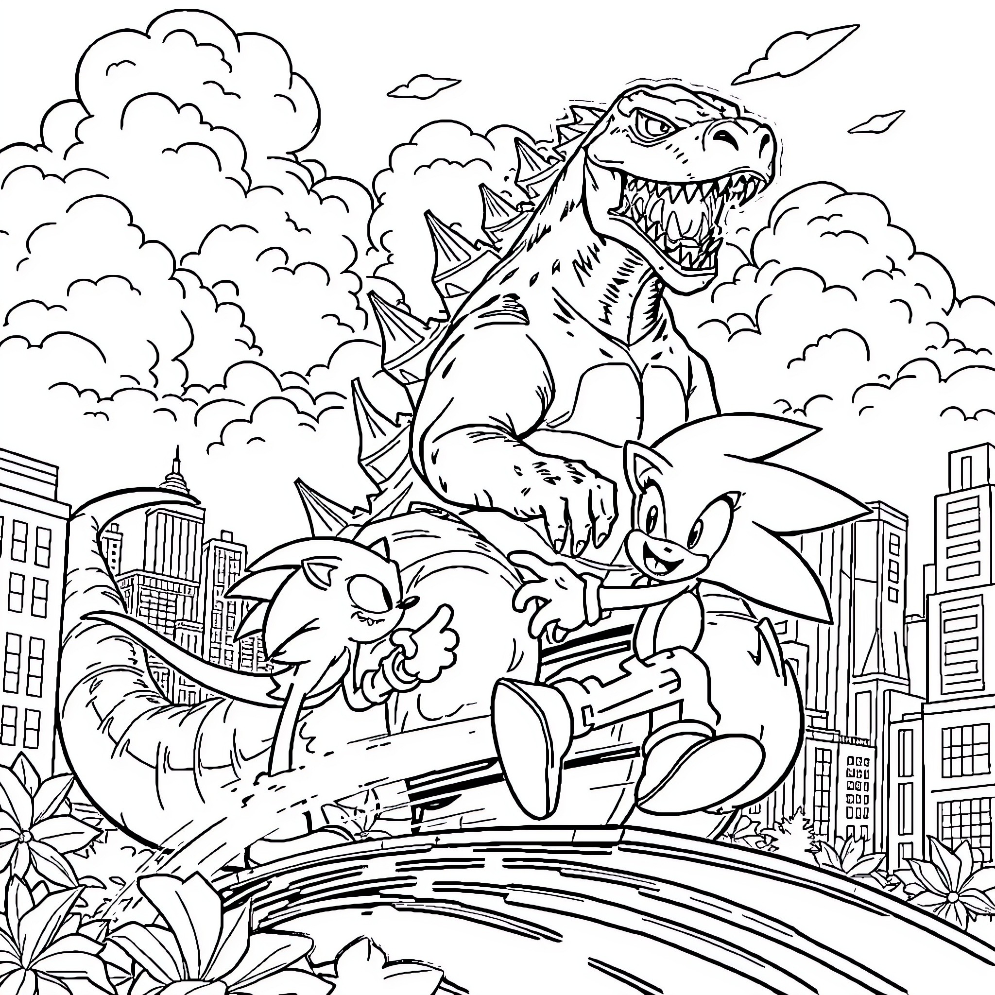 Godzilla vs. Sonic the Hedgehog in a Cityscape Showdown Coloring Page (free black-and-white line drawing printable PDF for all, from beginners to advanced learners, including children, teens, adults, and seniors)
