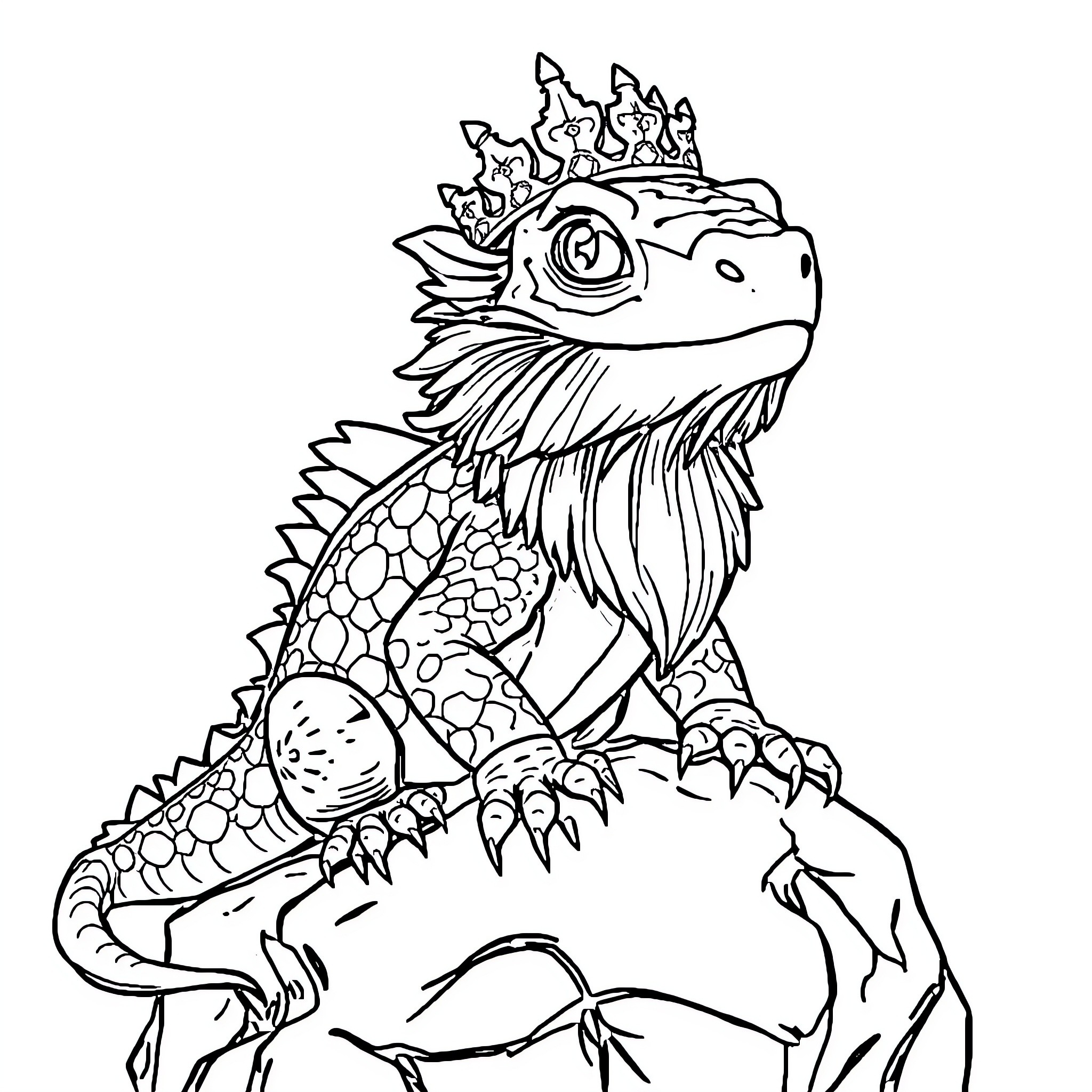 Bearded Dragon in Regal Pose Coloring Page (free black-and-white line drawing printable PDF for all, from beginners to advanced learners, including children, teens, adults, and seniors)
