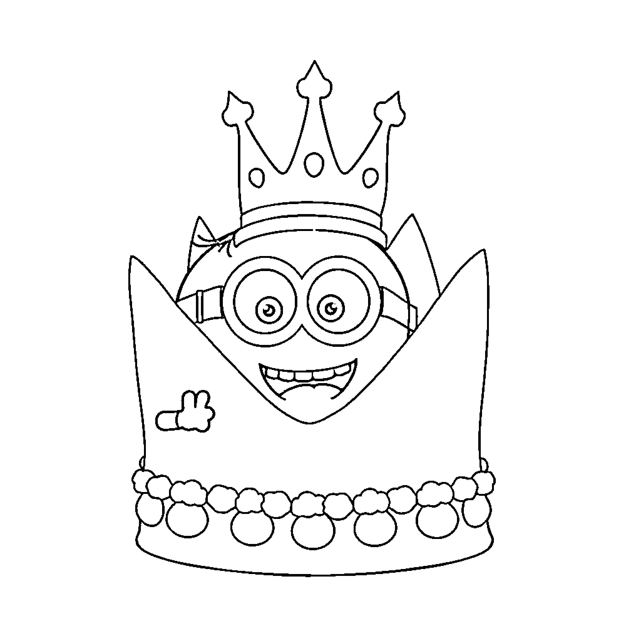 Minion wearing a crown and smiling happily Coloring Page (free black-and-white line drawing printable PDF for all, from beginners to advanced learners, including children, teens, adults, and seniors)