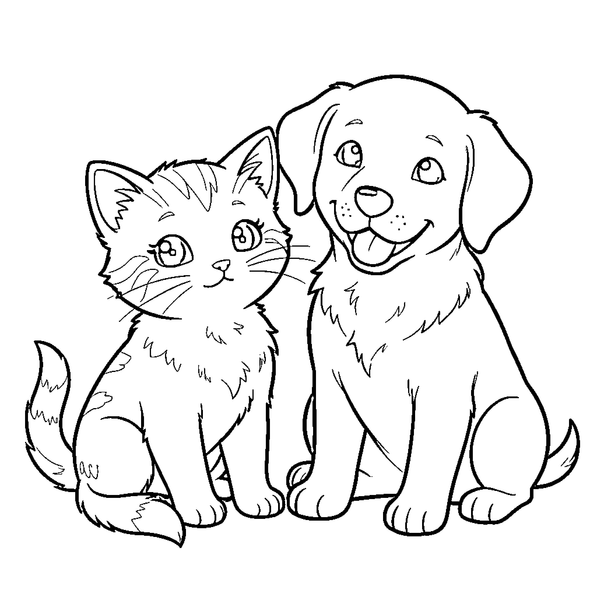 Kitten and Dog sitting together and smiling Coloring Page (free black-and-white line drawing printable PDF for all, from beginners to advanced learners, including children, teens, adults, and seniors)