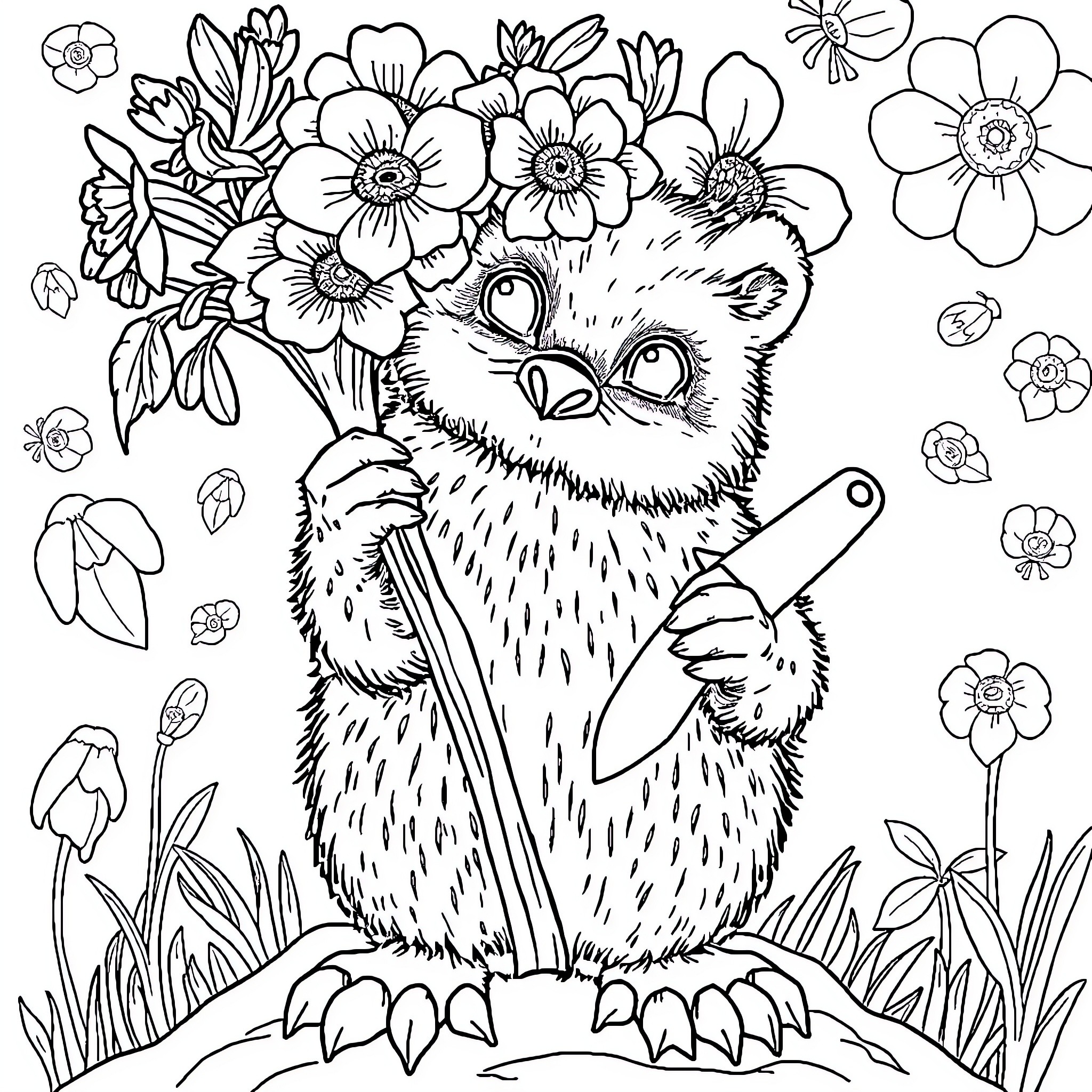 Bear Coloring with Flowers in Nature Coloring Page (free black-and-white line drawing printable PDF for all, from beginners to advanced learners, including children, teens, adults, and seniors)