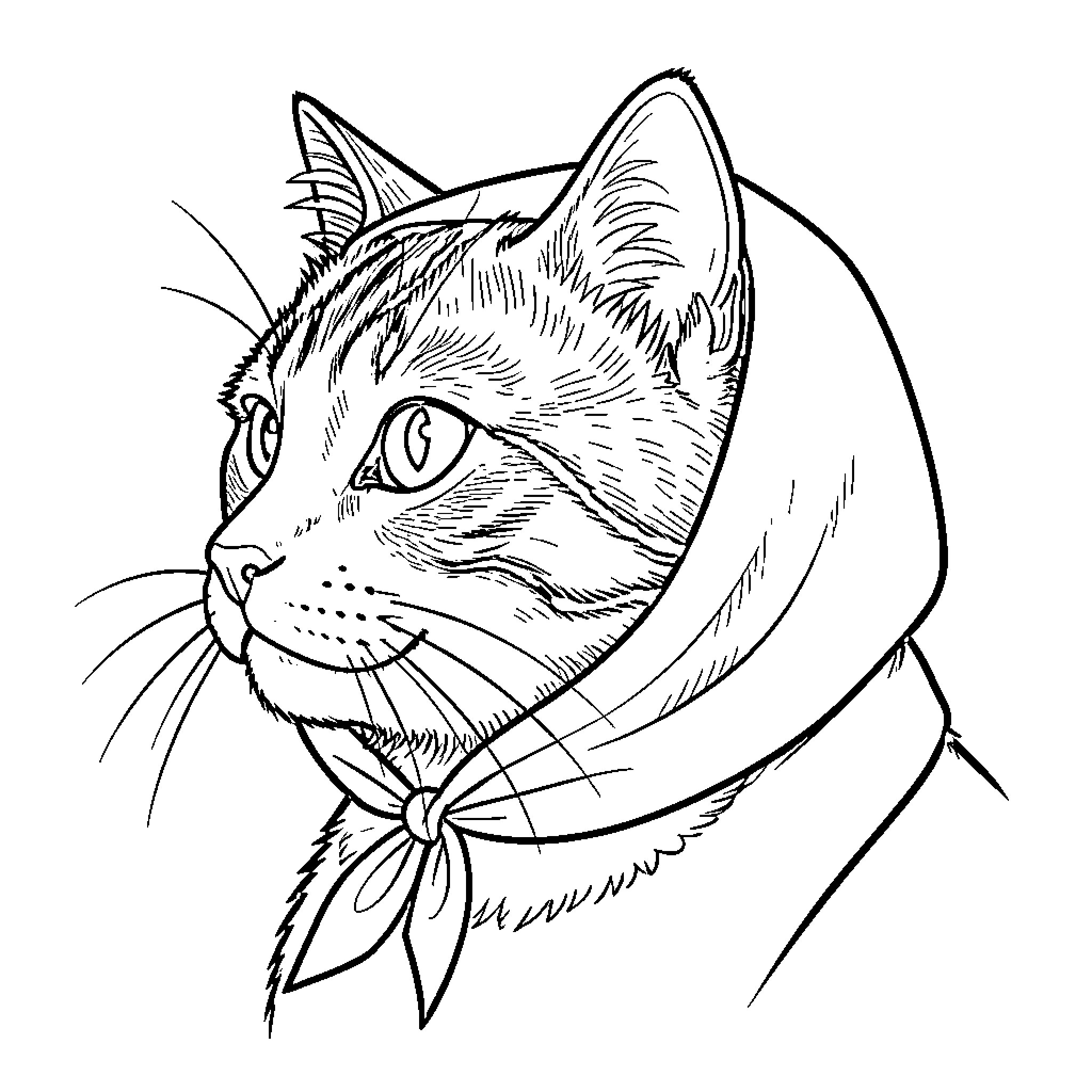 Babooshka Cat wearing a traditional headscarf Coloring Page (free black-and-white line drawing printable PDF for all, from beginners to advanced learners, including children, teens, adults, and seniors)