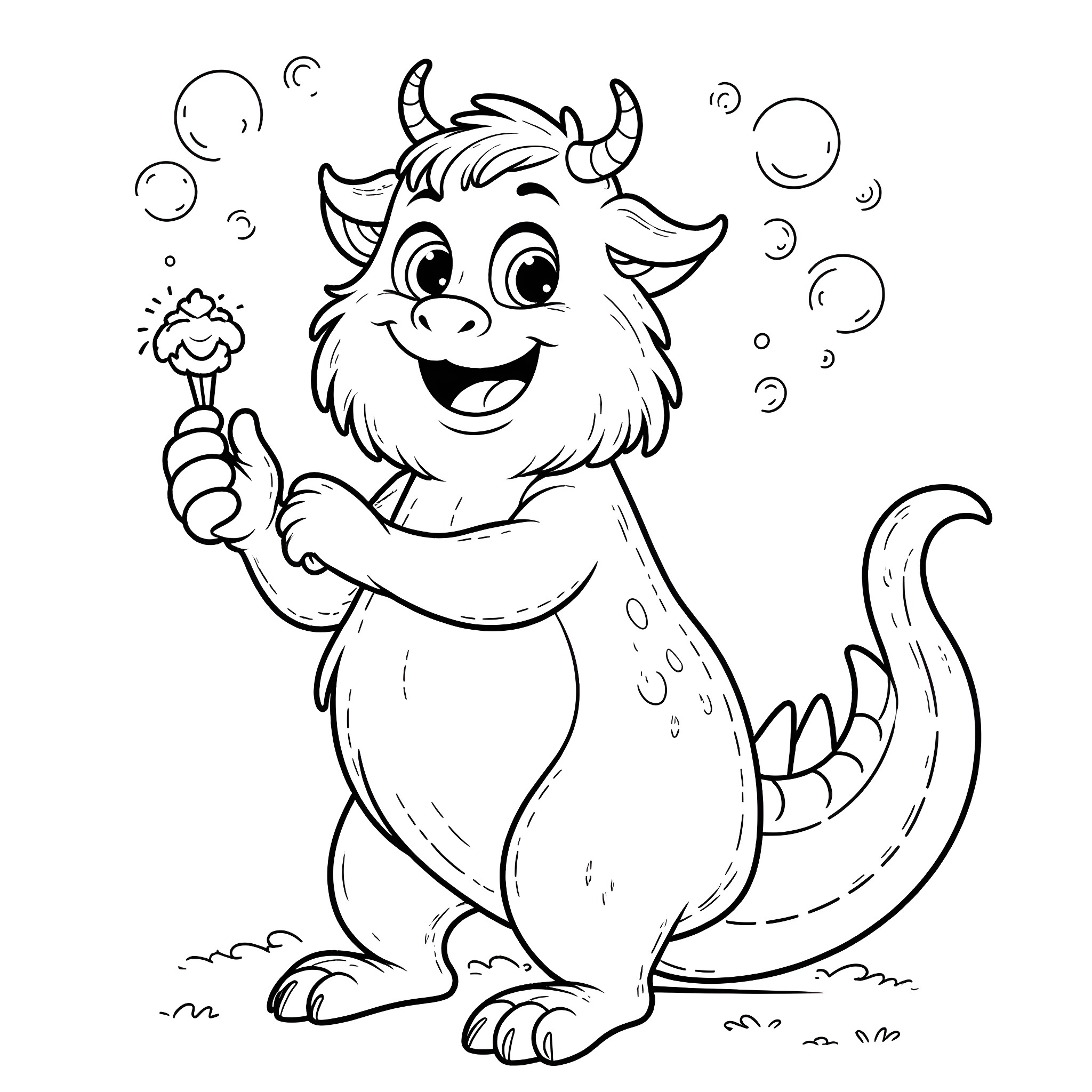 Monster blowing bubbles happily Coloring Page (free black-and-white line drawing printable PDF for all, from beginners to advanced learners, including children, teens, adults, and seniors)