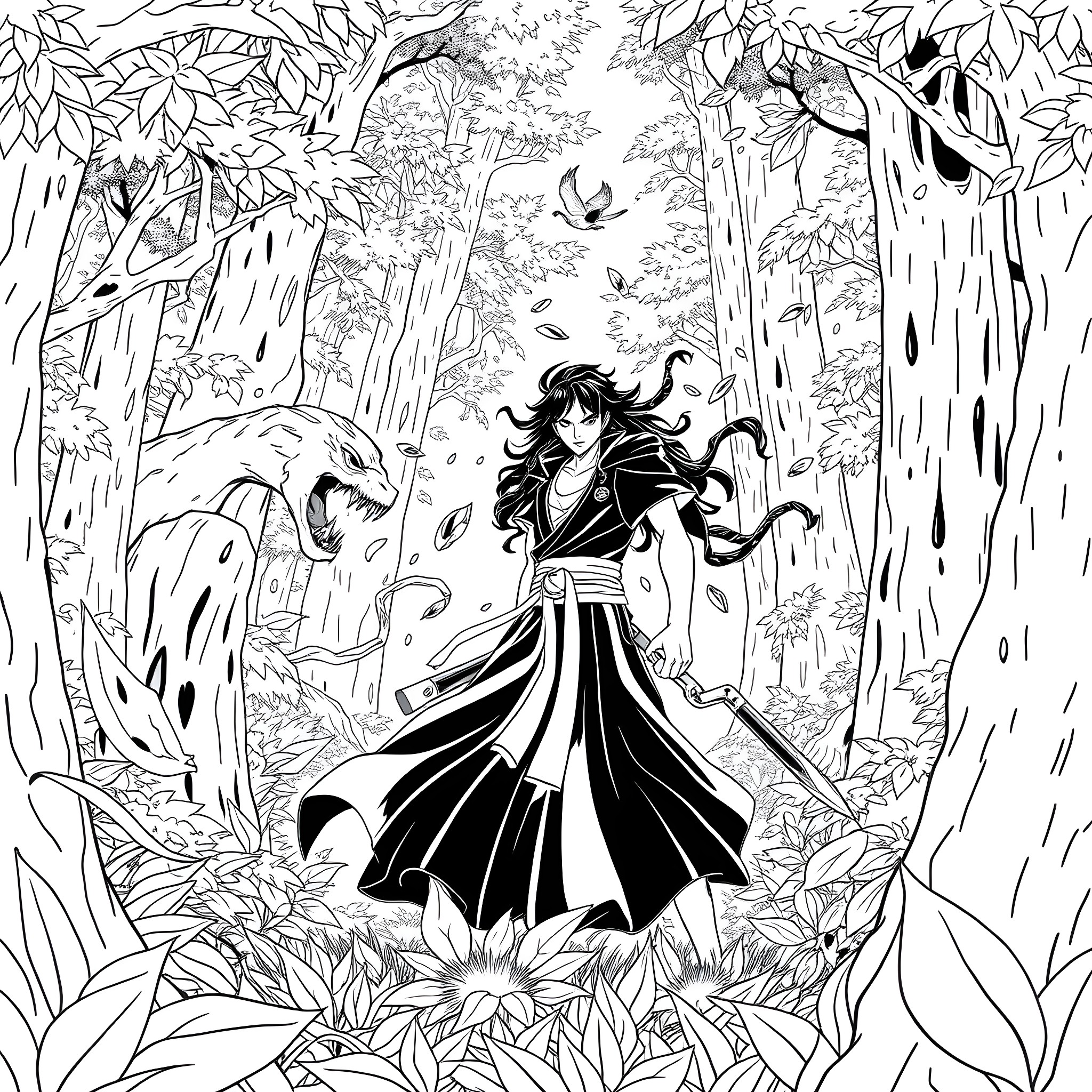 Nezuko's Enchanted Forest Adventure Coloring Page (free black-and-white line drawing printable PDF for all, from beginners to advanced learners, including children, teens, adults, and seniors)