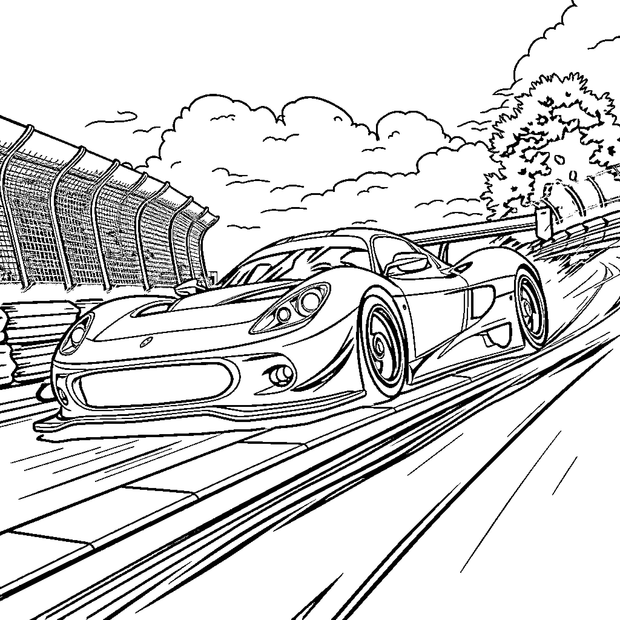 Race Car Speeding on Racetrack with Grandstand Coloring Page (free black-and-white line drawing printable PDF for all, from beginners to advanced learners, including children, teens, adults, and seniors)