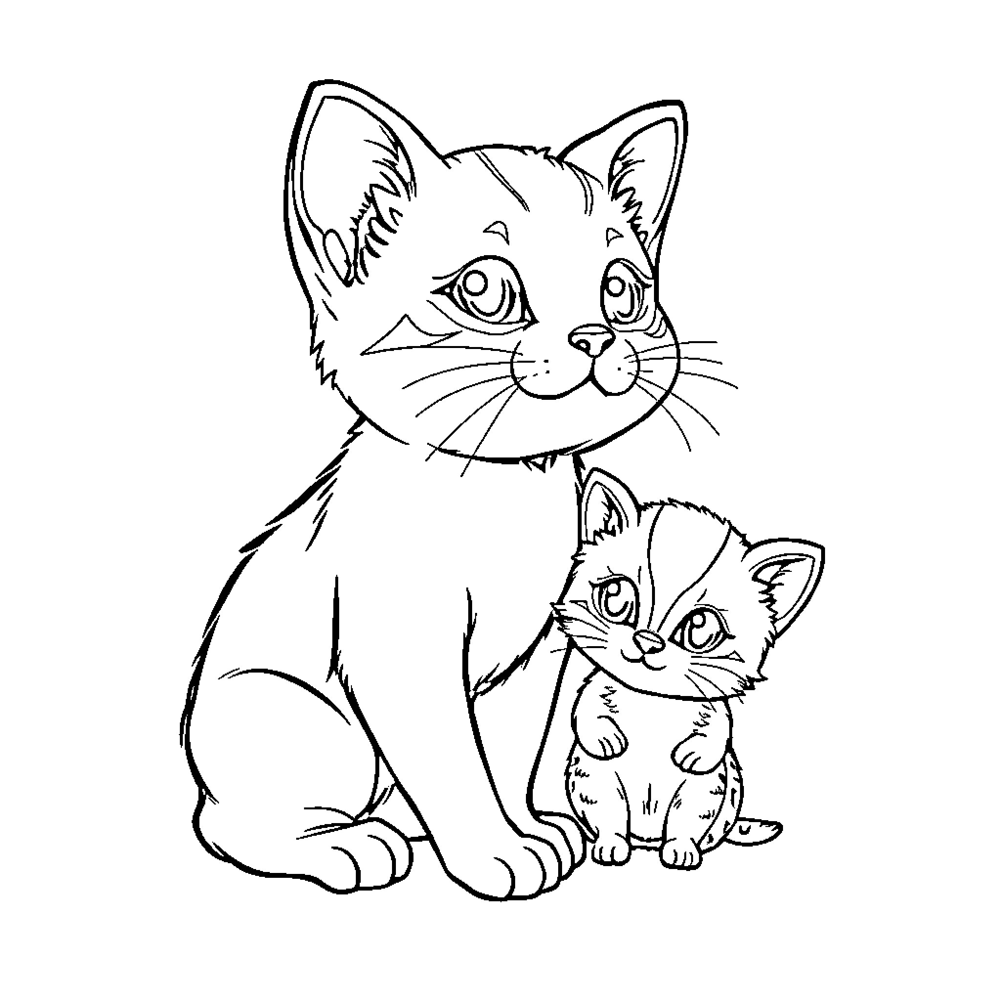 Animal kittens playing together Coloring Page (free black-and-white line drawing printable PDF for all, from beginners to advanced learners, including children, teens, adults, and seniors)