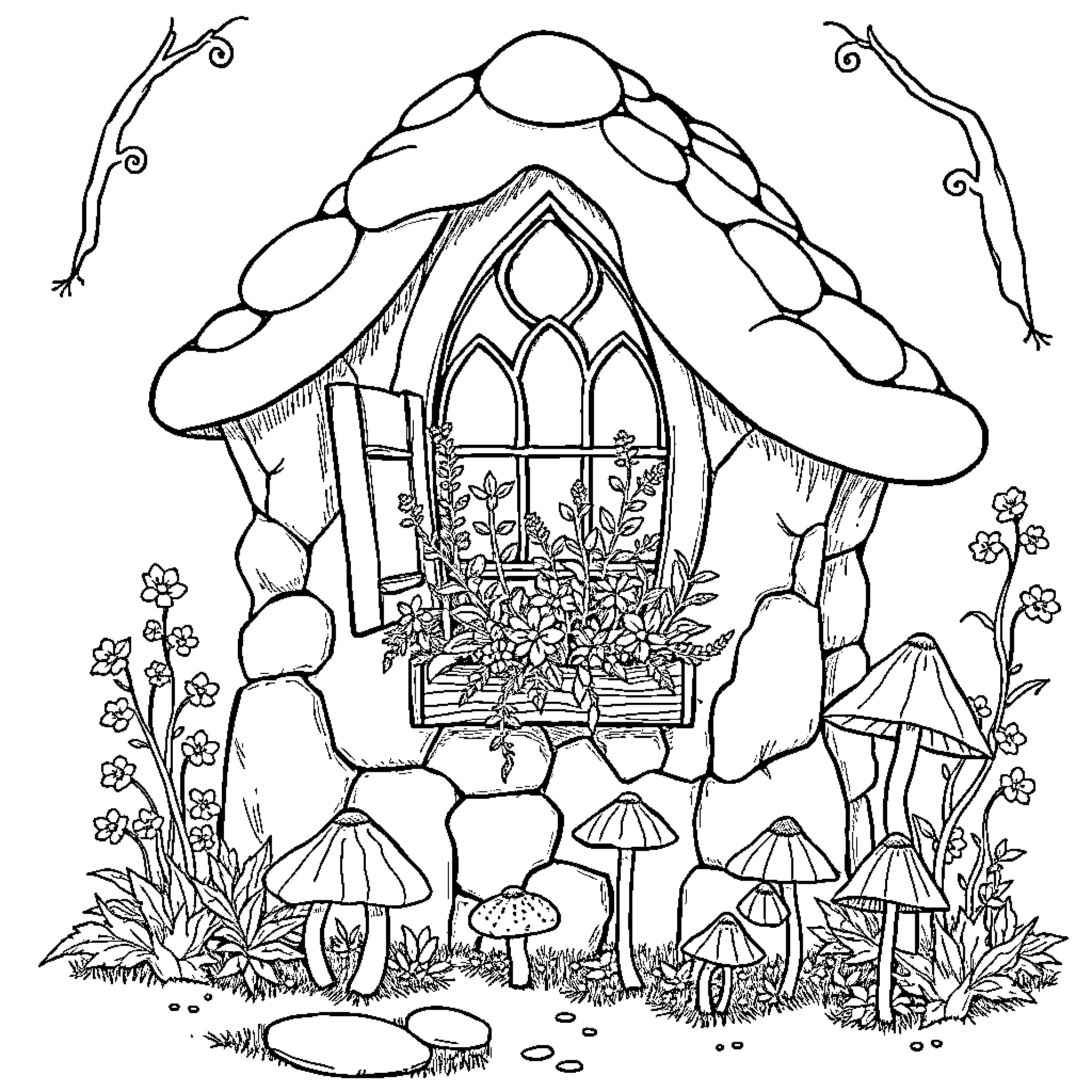 Mushroom Cottage in Enchanted Forest Coloring Page (free black-and-white line drawing printable PDF for all, from beginners to advanced learners, including children, teens, adults, and seniors)