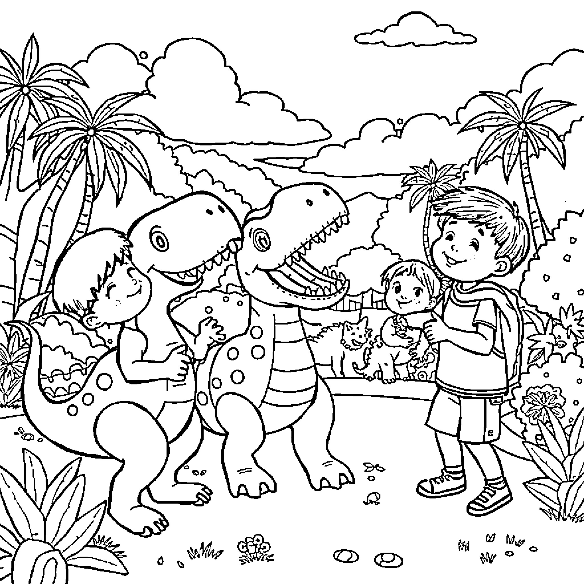 Dinosaurs enjoying a playful day with children in the jungle Coloring Page (free black-and-white line drawing printable PDF for all, from beginners to advanced learners, including children, teens, adults, and seniors)