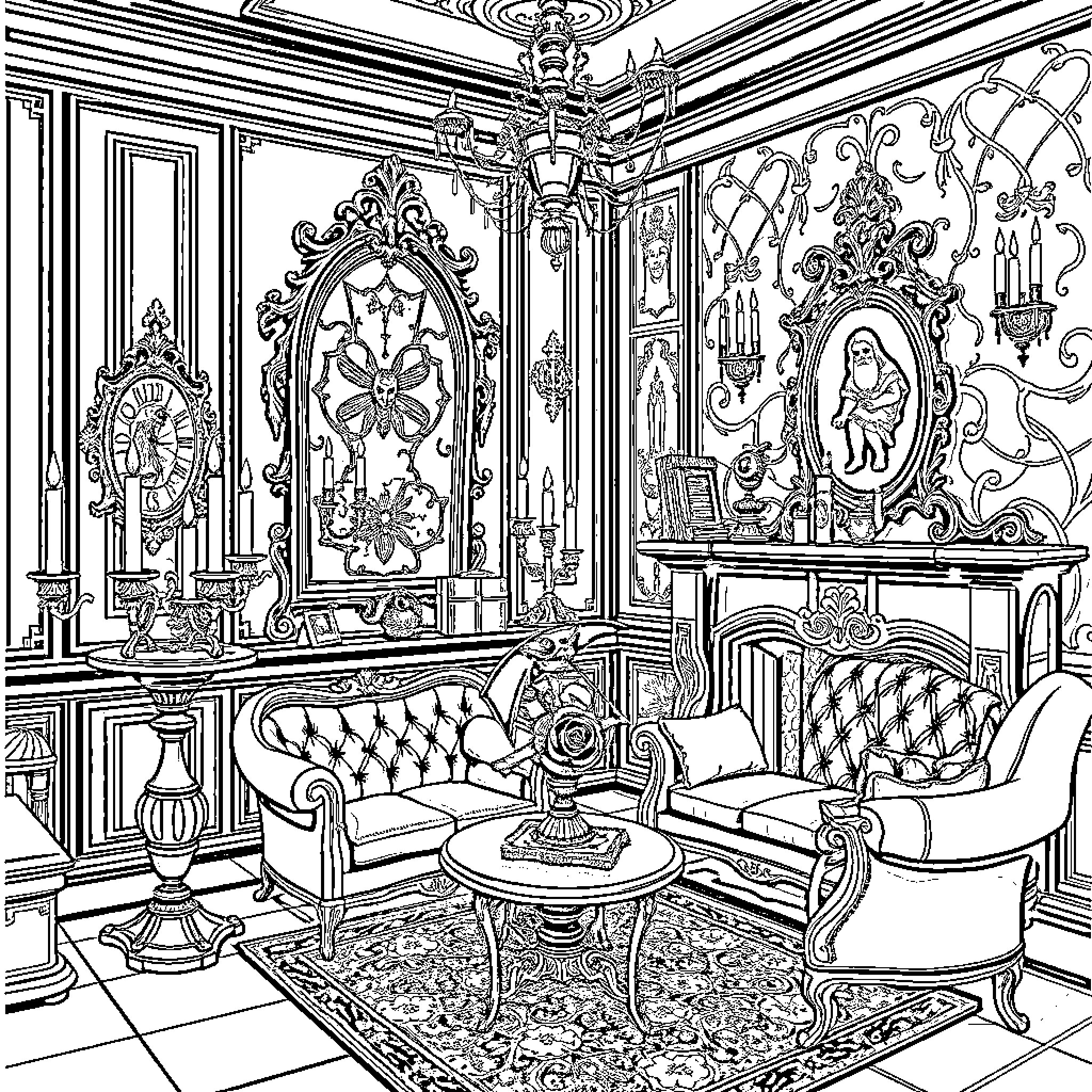 Room of Ornate Victorian-style Furnishings Coloring Page (free black-and-white line drawing printable PDF for all, from beginners to advanced learners, including children, teens, adults, and seniors)