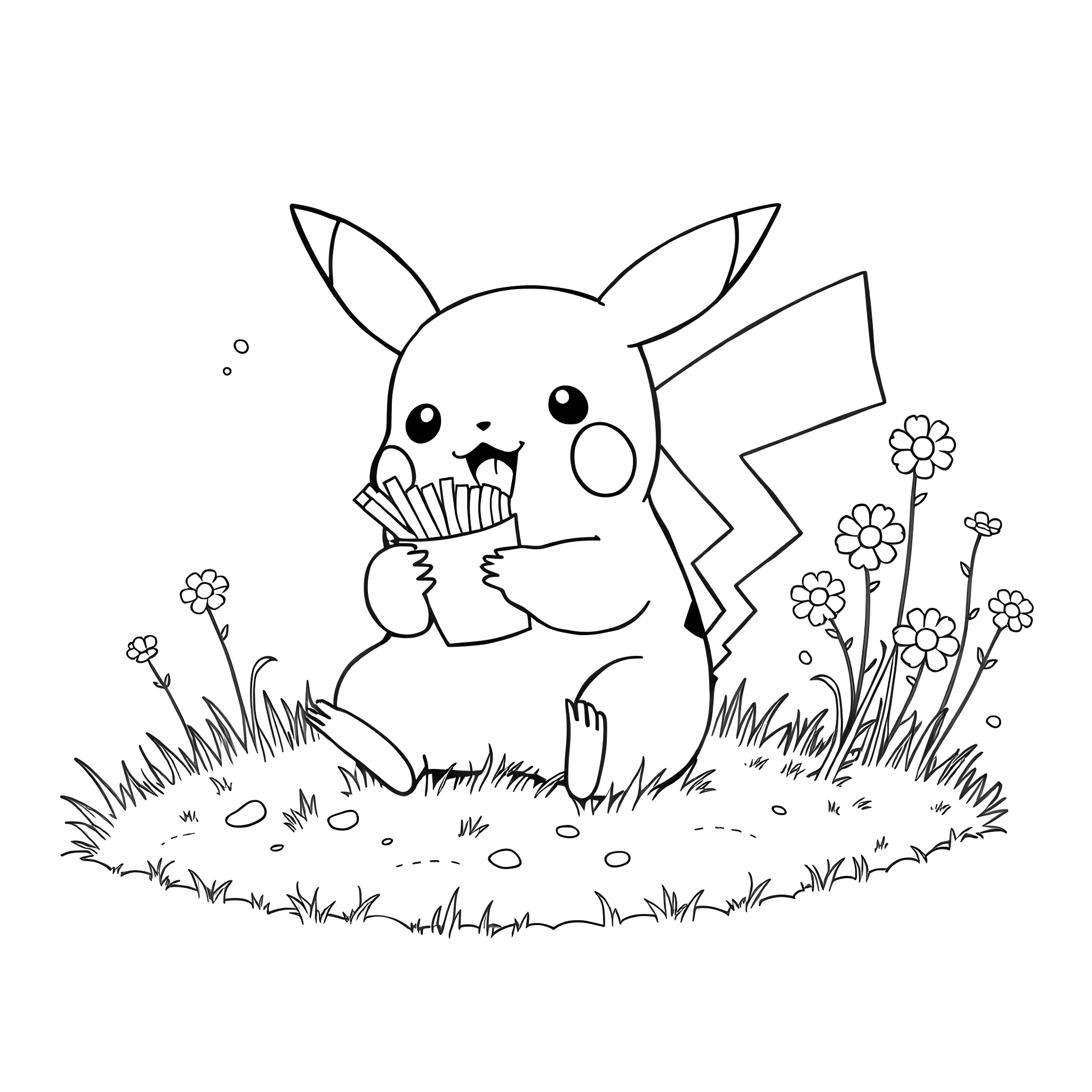 Pikachu enjoying a picnic in the meadow Coloring Page (free black-and-white line drawing printable PDF for all, from beginners to advanced learners, including children, teens, adults, and seniors)
