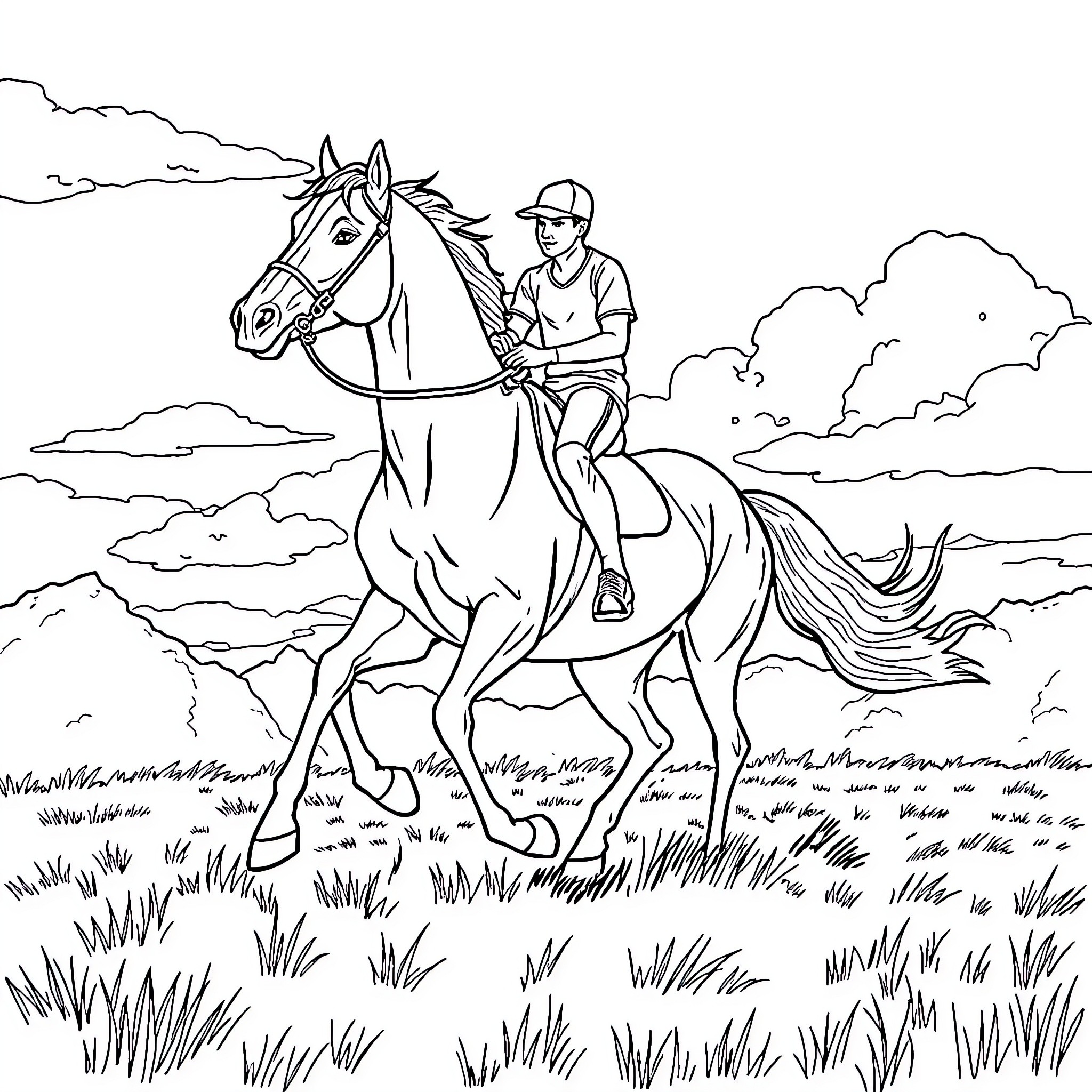Mbappe Riding Horse Across Open Field Coloring Page (free black-and-white line drawing printable PDF for all, from beginners to advanced learners, including children, teens, adults, and seniors)