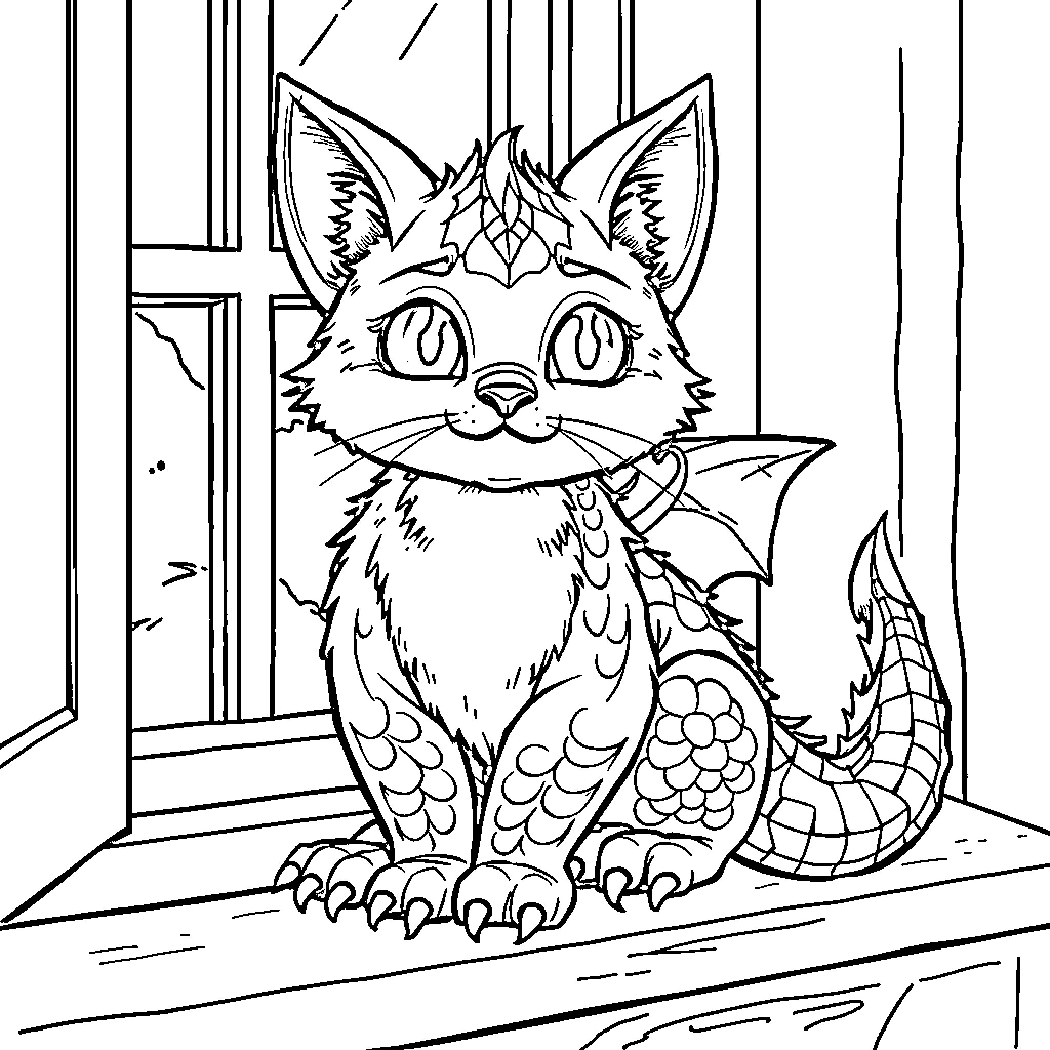 Dragon Cat posing confidently in a room Coloring Page (free black-and-white line drawing printable PDF for all, from beginners to advanced learners, including children, teens, adults, and seniors)