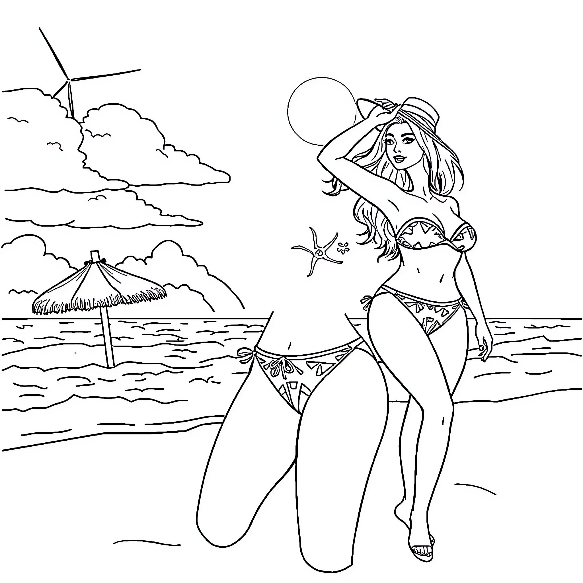 Bbw woman enjoying the beach on a sunny day Coloring Page (free black-and-white line drawing printable PDF for all, from beginners to advanced learners, including children, teens, adults, and seniors)
