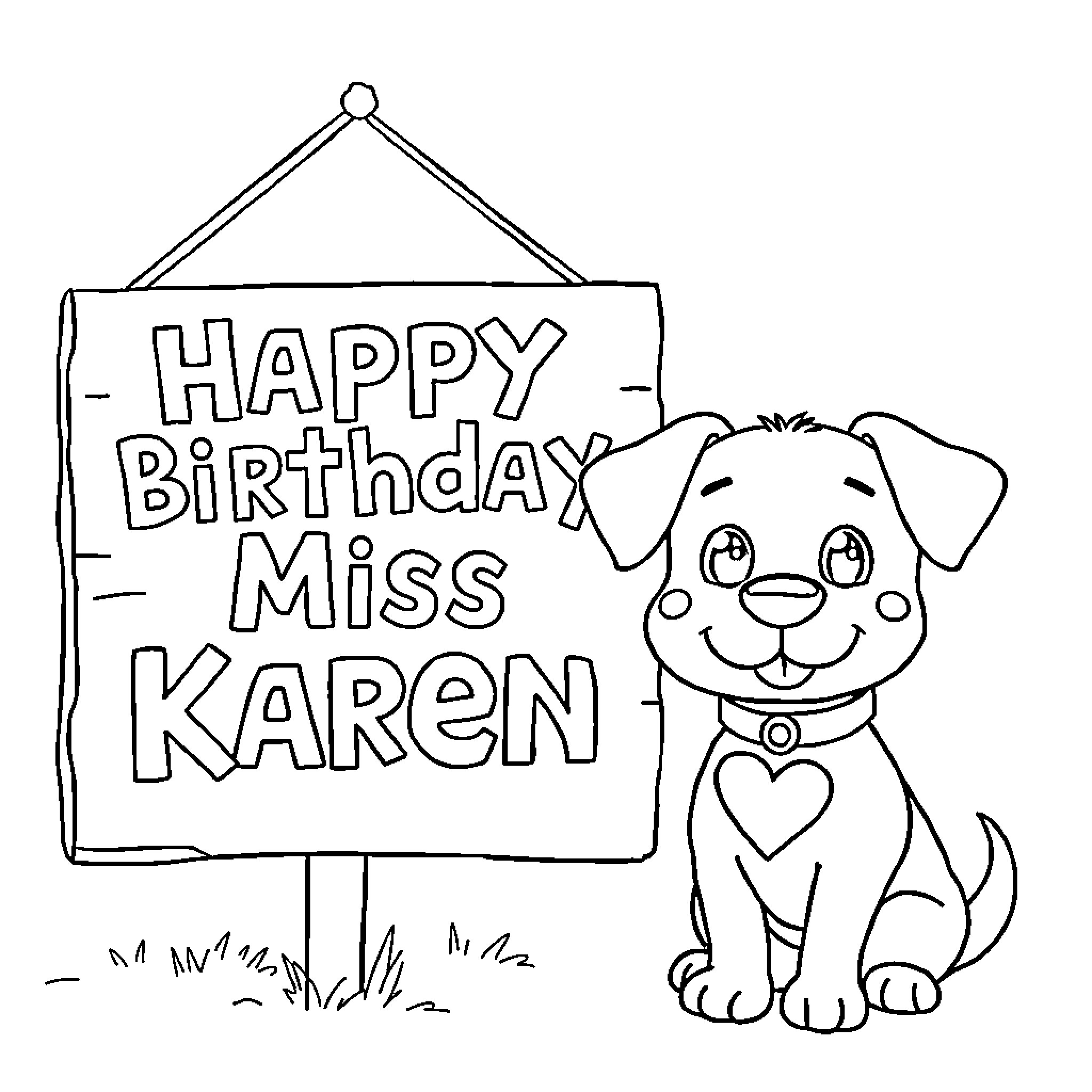 Dog holding Happy Birthday sign for Miss Karen Coloring Page (free black-and-white line drawing printable PDF for all, from beginners to advanced learners, including children, teens, adults, and seniors)