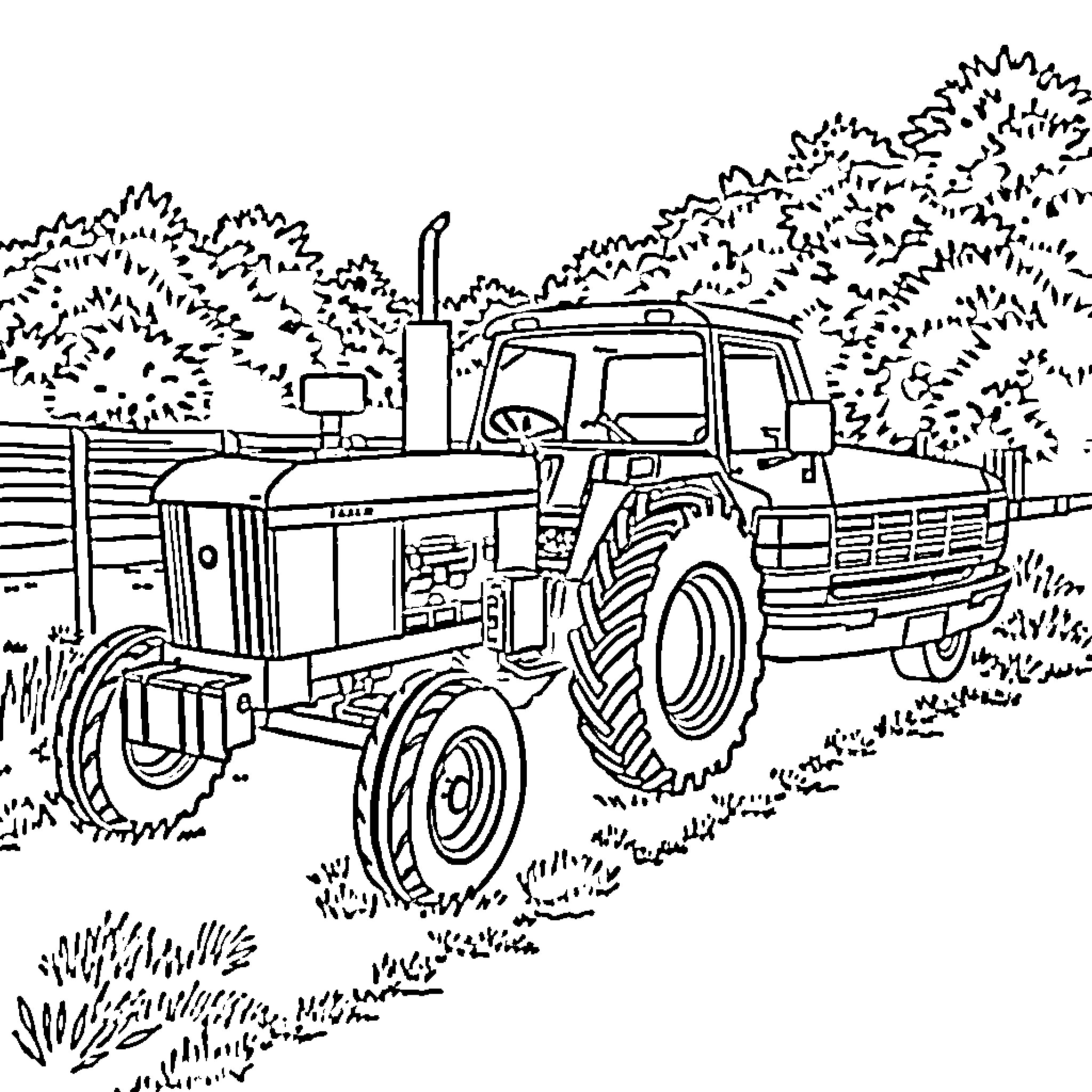 Truck working in the rural countryside Coloring Page (free black-and-white line drawing printable PDF for all, from beginners to advanced learners, including children, teens, adults, and seniors)