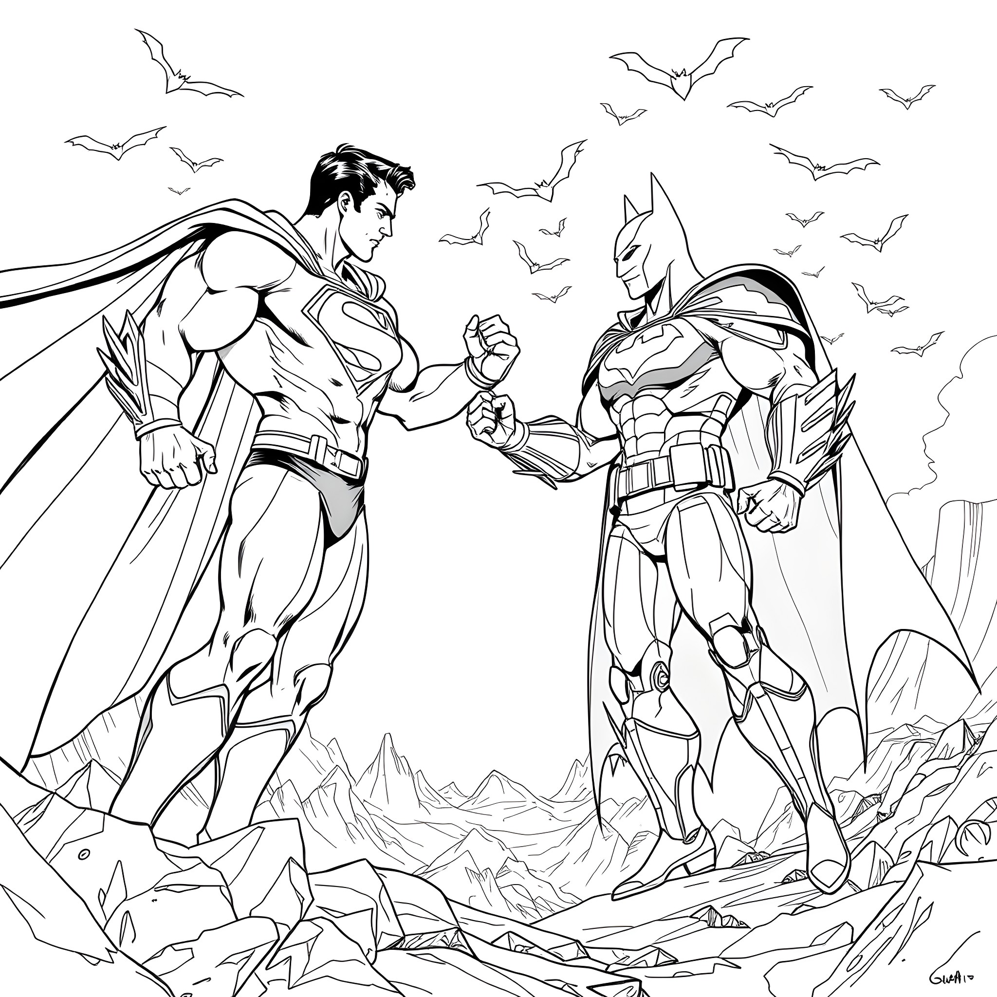 Superman and Batman in heroic confrontation Coloring Page (free black-and-white line drawing printable PDF for all, from beginners to advanced learners, including children, teens, adults, and seniors)