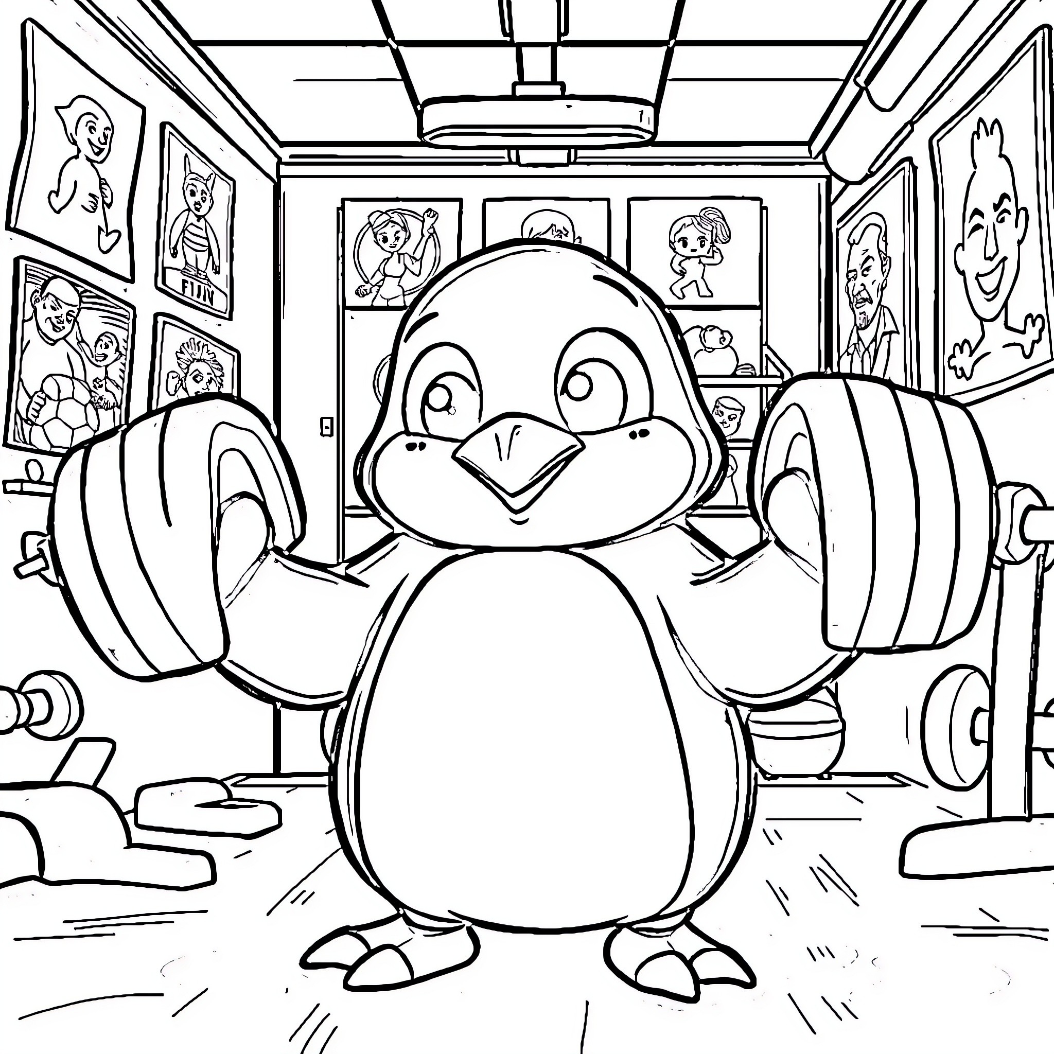 Badtz-Maru's Fitness Workout in the Gym Coloring Page (free black-and-white line drawing printable PDF for all, from beginners to advanced learners, including children, teens, adults, and seniors)