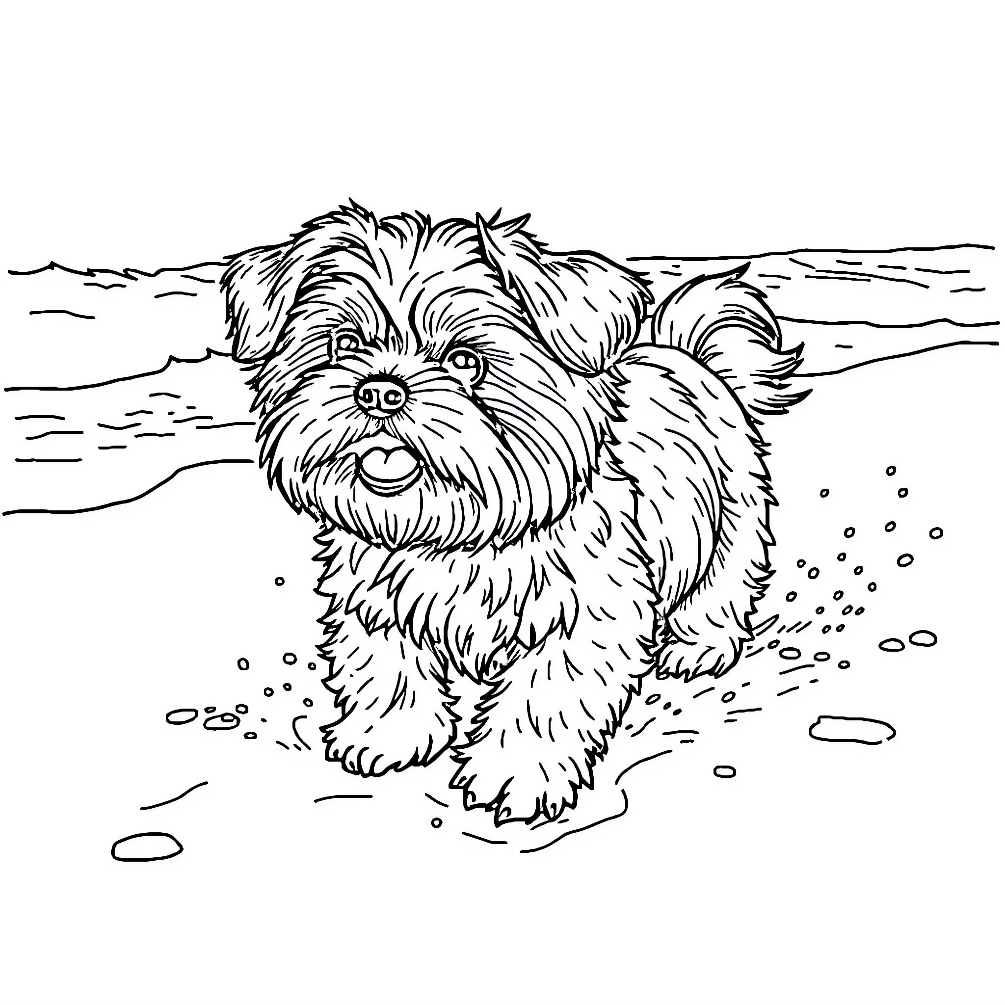 Shih Tzu frolicking on the beach Coloring Page (free black-and-white line drawing printable PDF for all, from beginners to advanced learners, including children, teens, adults, and seniors)