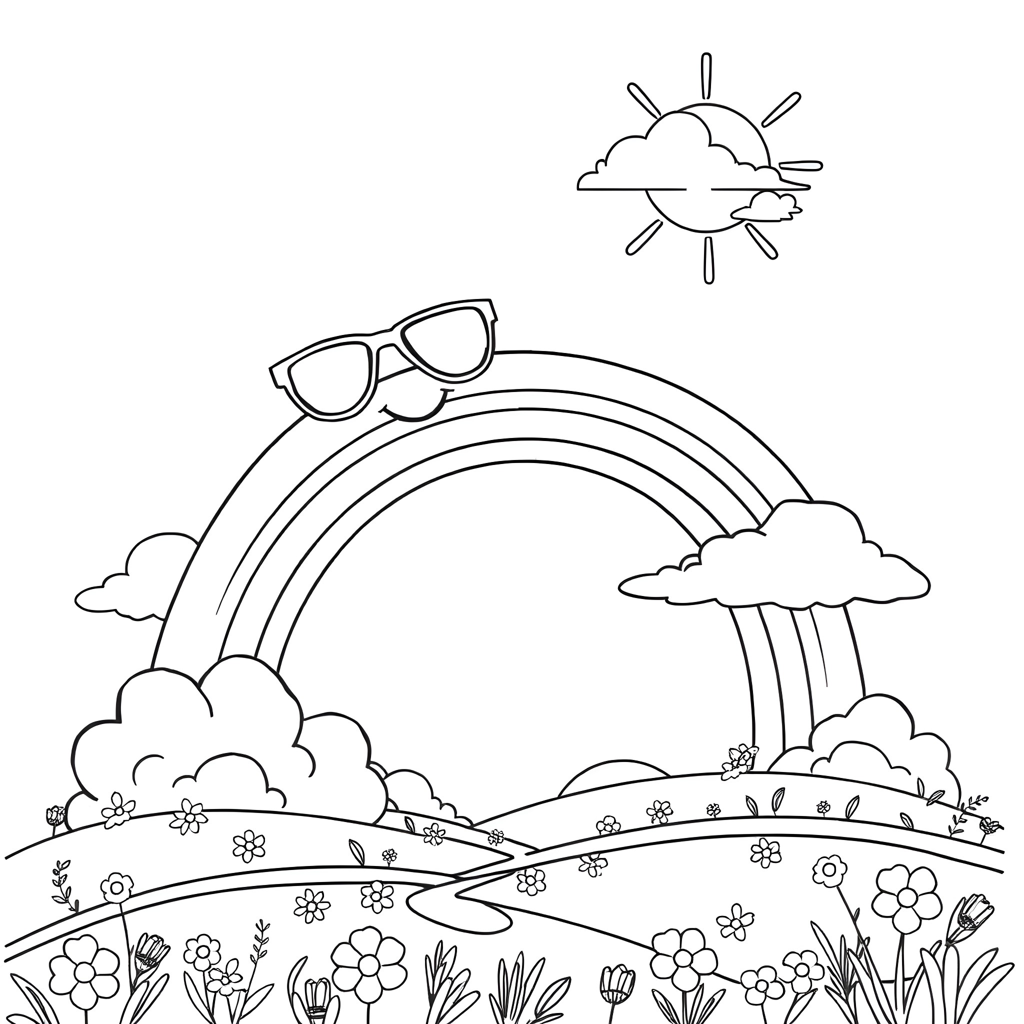 Rainbow Landscape with Sunglasses and Flowers Coloring Page (free black-and-white line drawing printable PDF for all, from beginners to advanced learners, including children, teens, adults, and seniors)