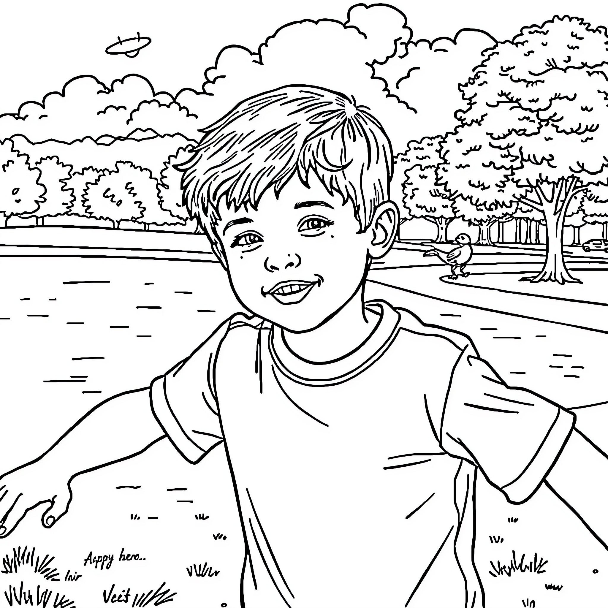 Boy playing happily in the park Coloring Page (free black-and-white line drawing printable PDF for all, from beginners to advanced learners, including children, teens, adults, and seniors)