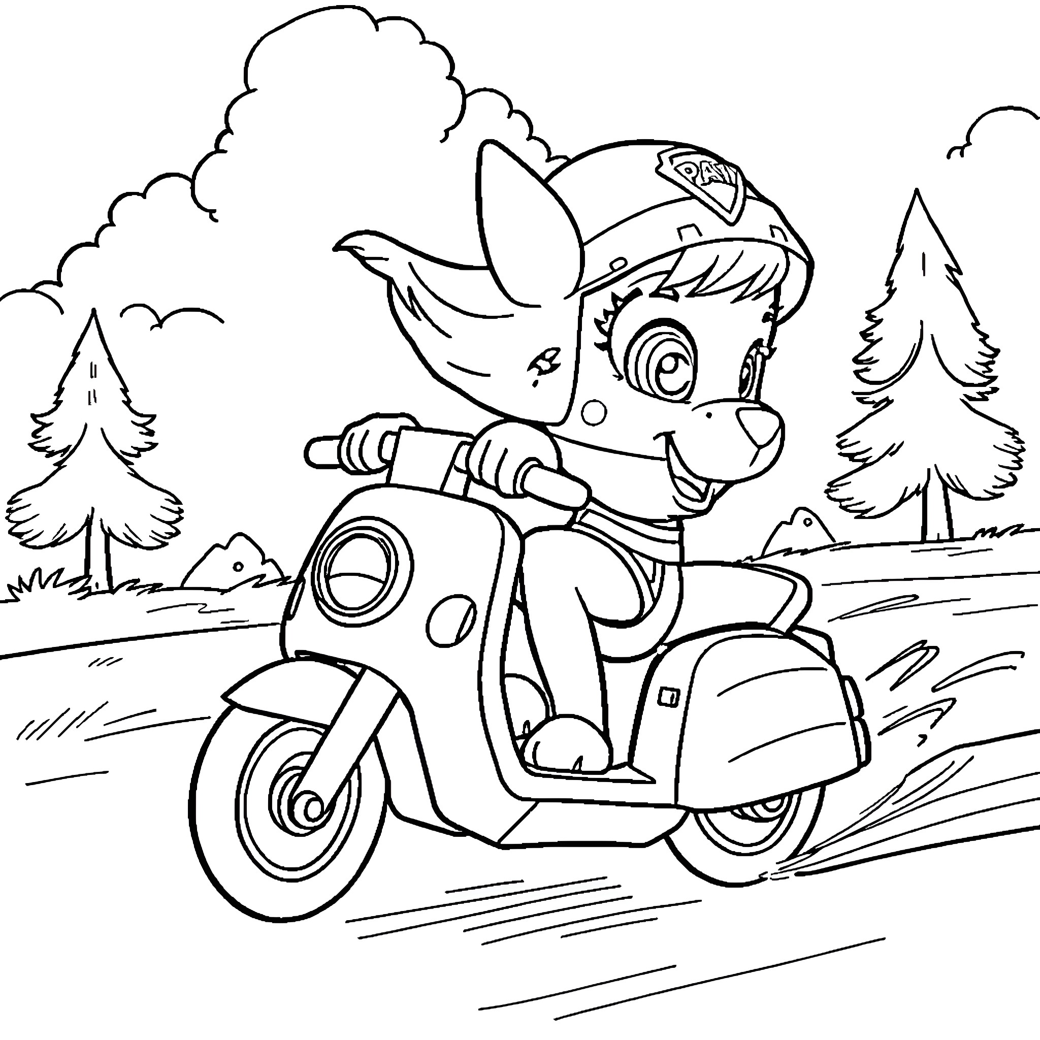 Sky Chihuahua riding scooter in forest Coloring Page (free black-and-white line drawing printable PDF for all, from beginners to advanced learners, including children, teens, adults, and seniors)