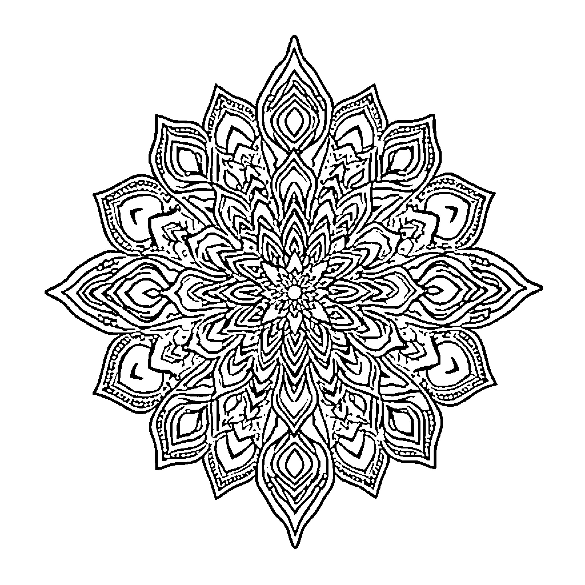 Labubu's Ornate Mandala Pattern Coloring Page (free black-and-white line drawing printable PDF for all, from beginners to advanced learners, including children, teens, adults, and seniors)