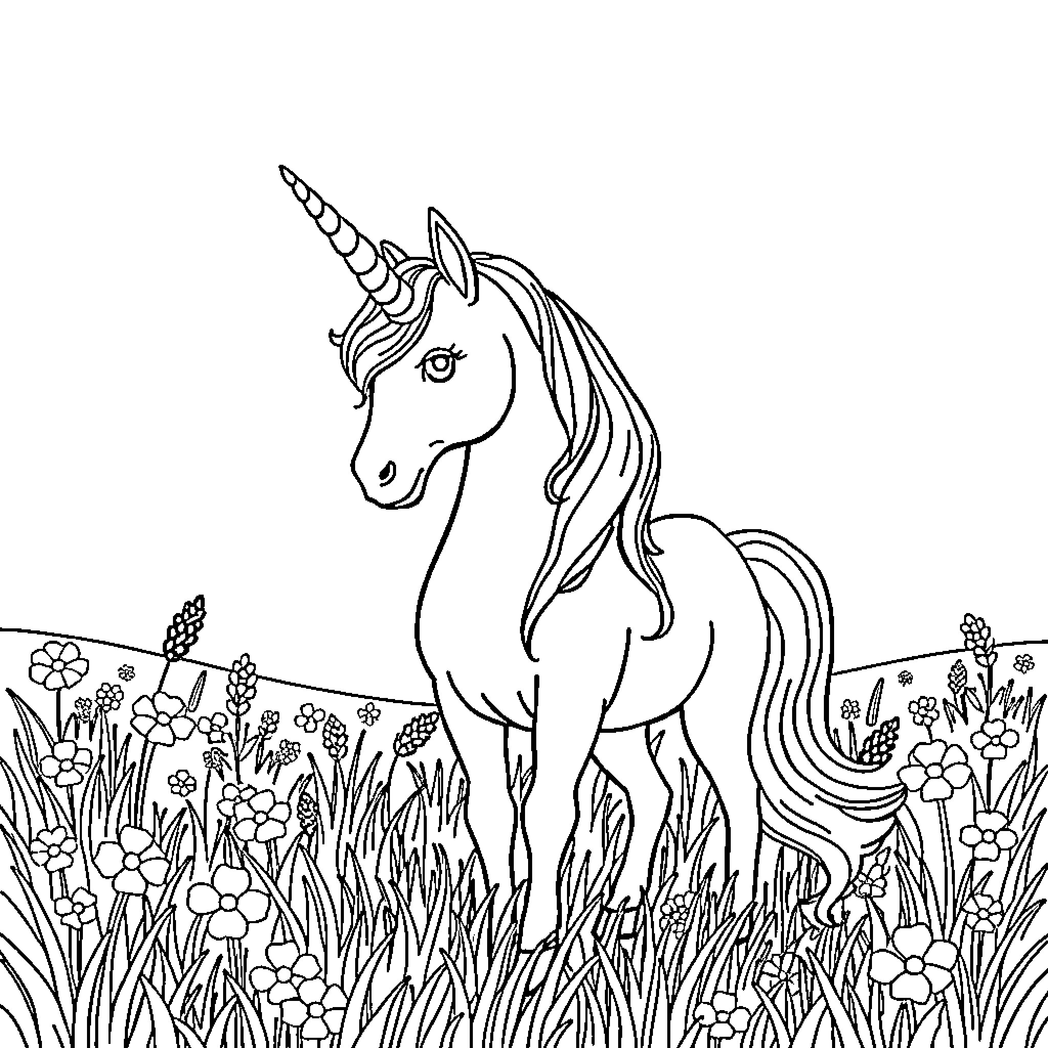 Unicorn standing amidst a floral meadow Coloring Page (free black-and-white line drawing printable PDF for all, from beginners to advanced learners, including children, teens, adults, and seniors)